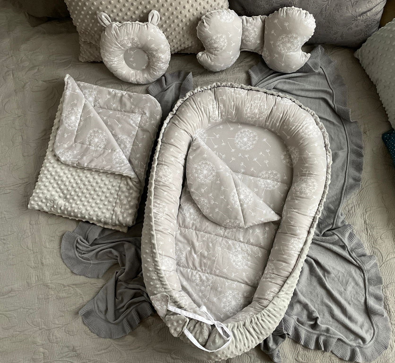 Loolay Bettnestchen MINKY/ Baumwolle BABYNEST Babykokon Geschenk Babyaustattung SET, (MUSTER: PUSTELBLUME Grau/ MINKY grau; SOLO oder im SETS, 5-tlg., Neugeborene Nestchen, Babynestchen, Reisebett von LOOLAY), LOOLAY® - 100% Europäische Stoffe und Kleinserien-Nähen!