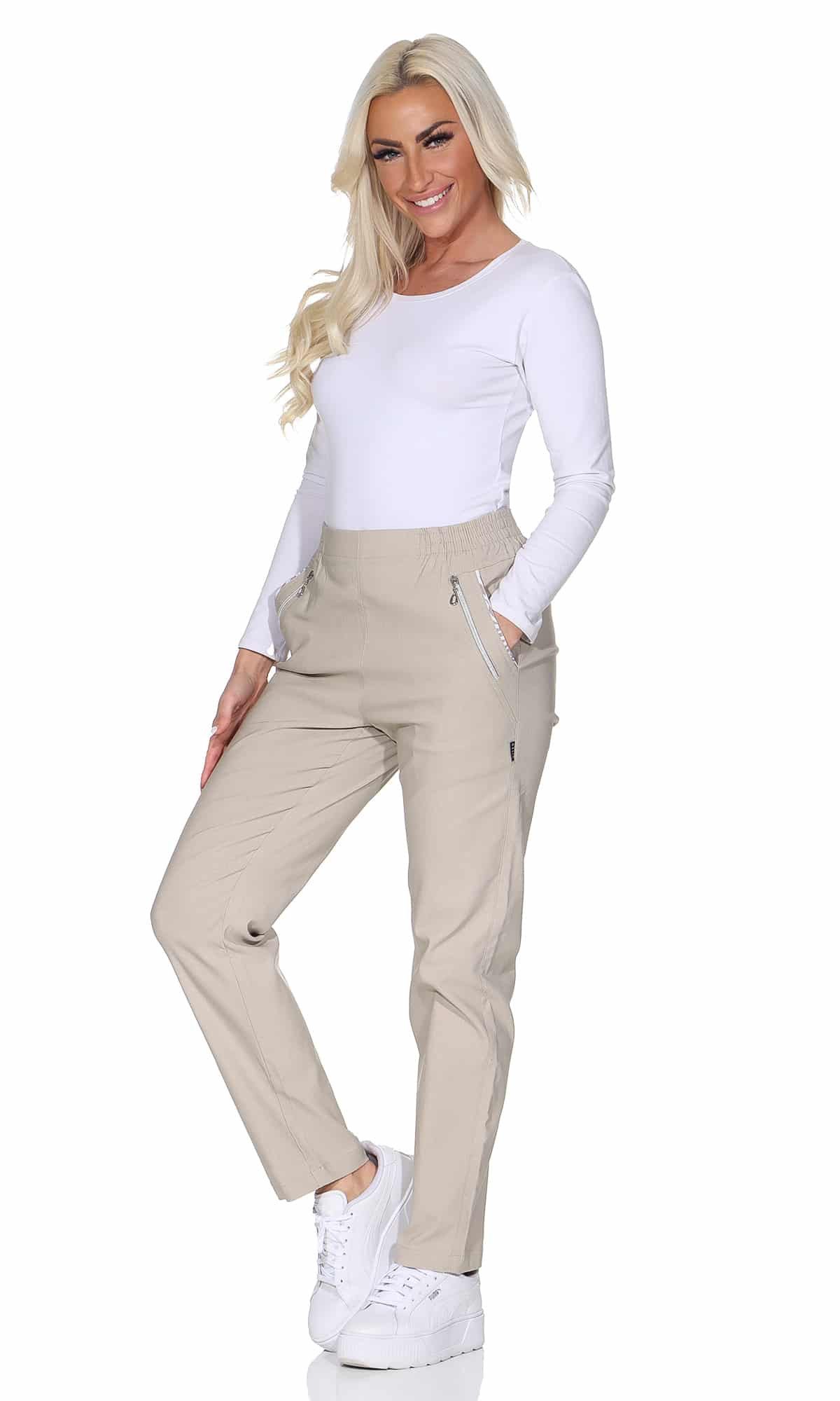 OriginalYou Schlupfhose Damen Stoffhose leichte Stretchhose Freizeithose mit elastischem Bund, farblich abgesetzte Taschen