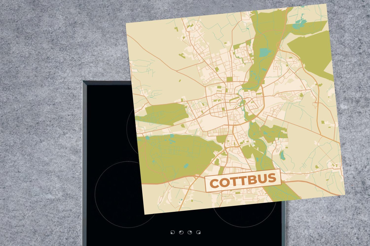 cm, Stadtplan, Vinyl, für tlg), - 78x78 Ceranfeldabdeckung, Vintage MuchoWow Herdblende-/Abdeckplatte Arbeitsplatte küche Cottbus (1 Karte - -