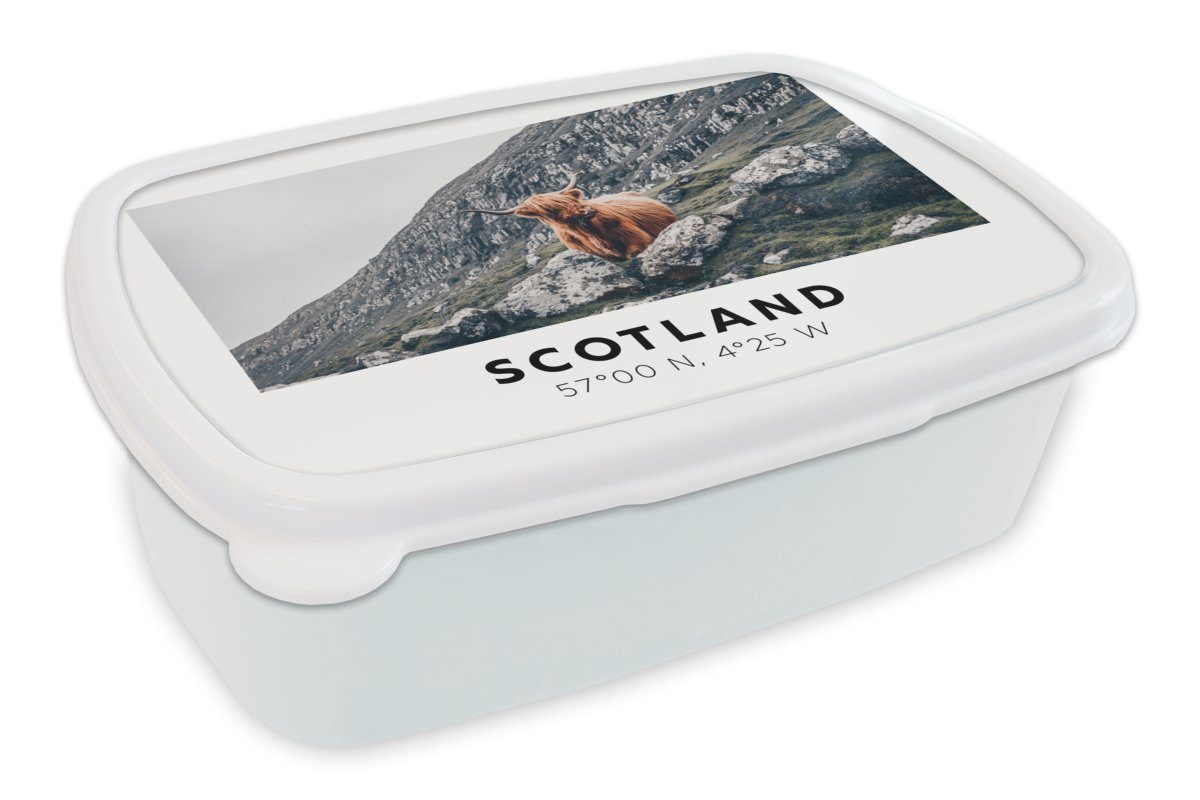 MuchoWow Lunchbox Schottland - Schottische Highlander - Berge - Tiere, Kunststoff, (2-tlg), Brotbox für Kinder und Erwachsene, Brotdose, für Jungs und Mädchen weiß