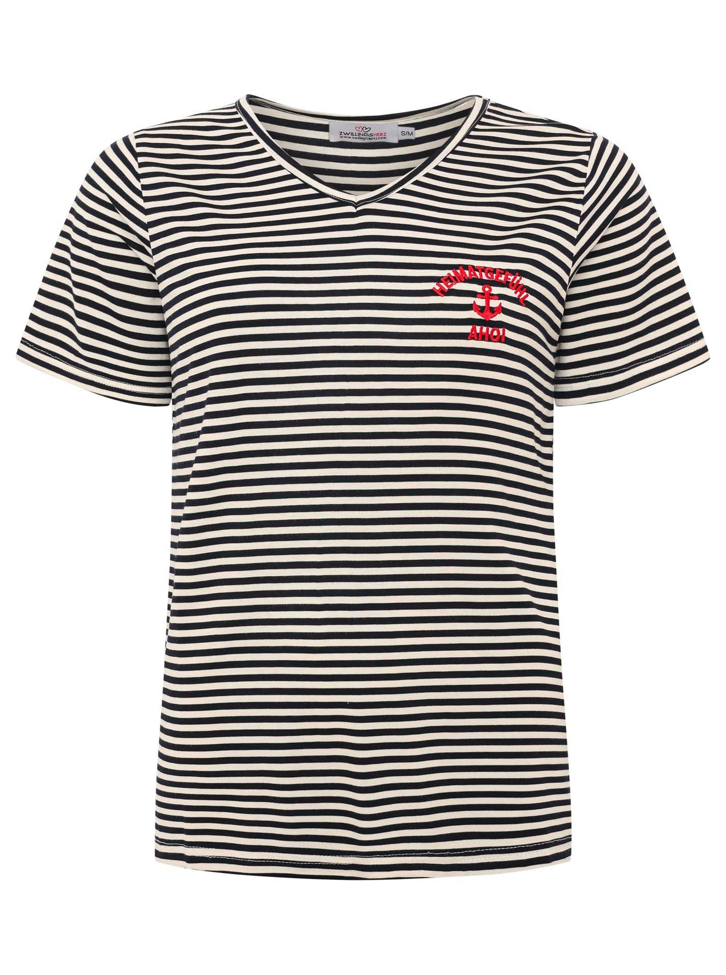 Zwillingsherz T-Shirt "Heimatgefühl" V-Neck, gestreift, kleines Motiv gestickt mit Anker – Bild 2 von 5