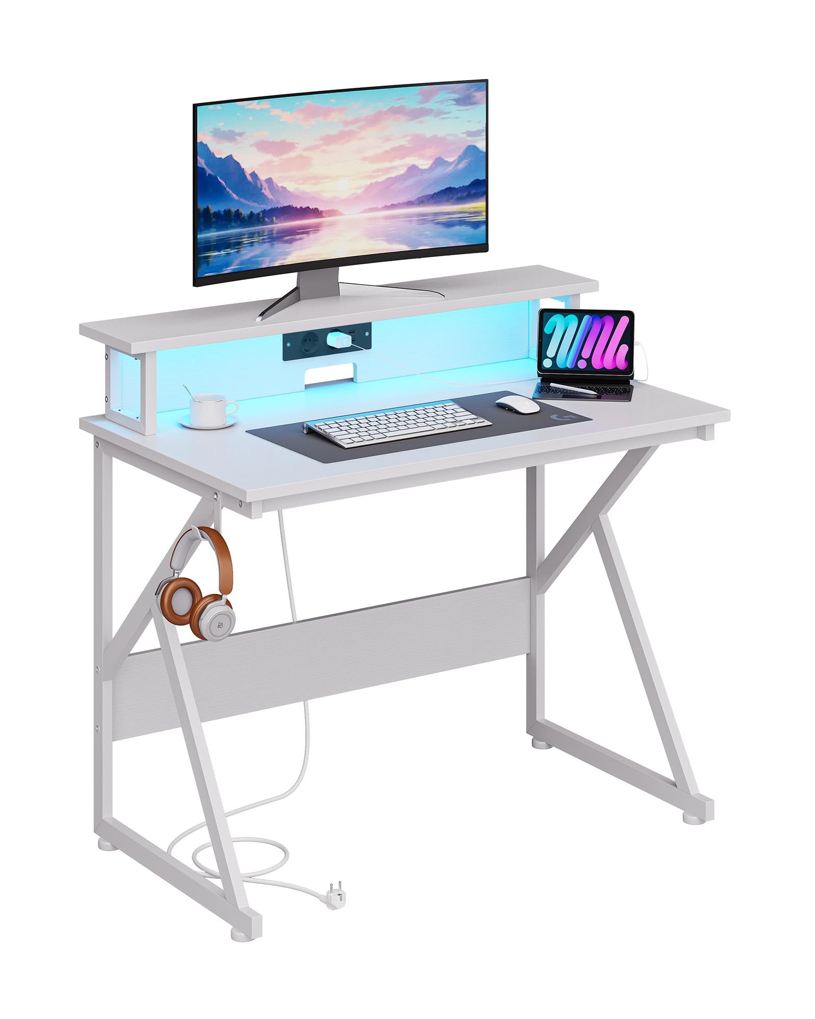 MSMASK Computertisch Schreibtisch, Gaming Tisch mit Led und Steckdose,100B x 60T cm, Bürotisch PC Tisch mit Monitorständer