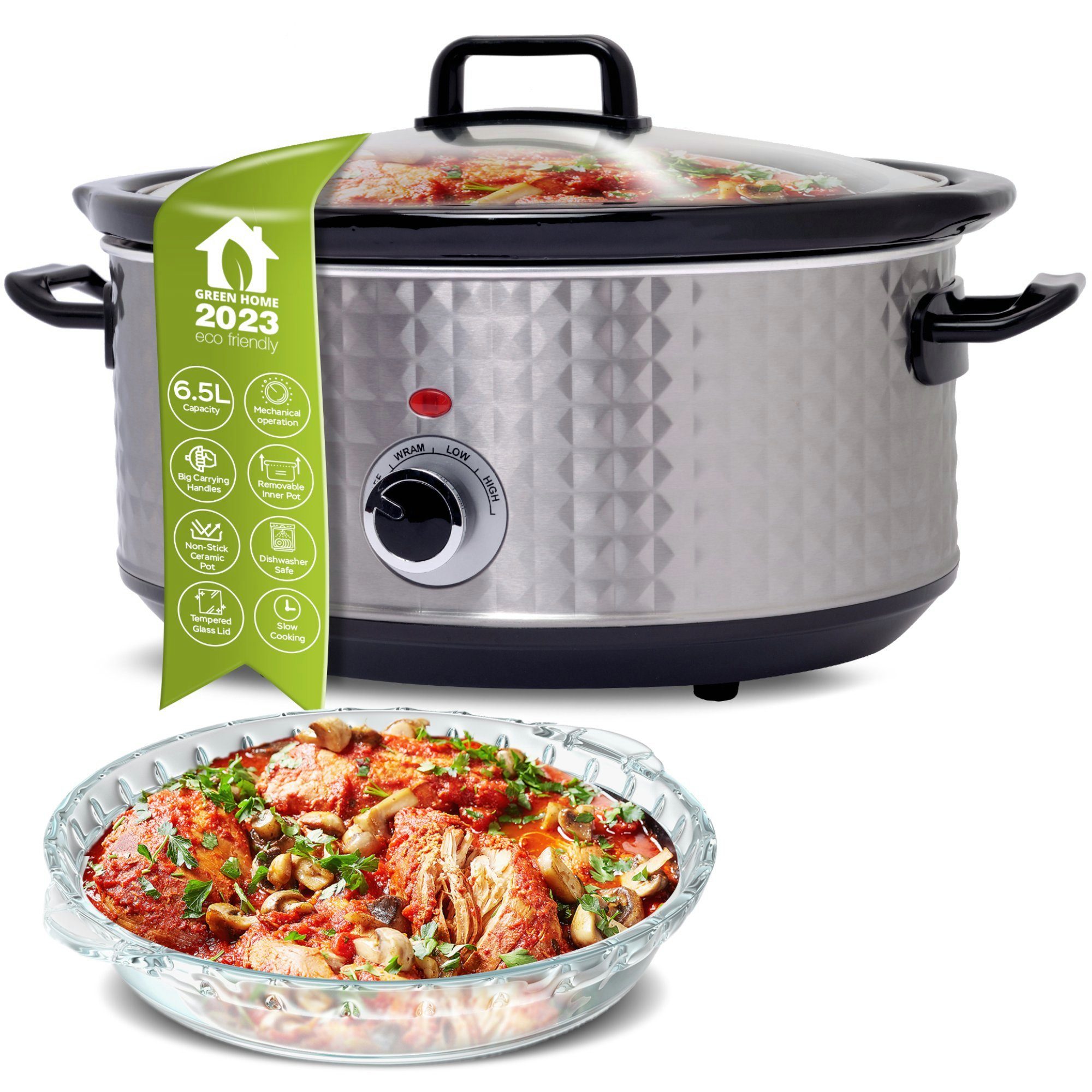 TurboTronic by Z-Line Schongarer 6,5 Liter mit Anbrat- & Warmhaltefunktion Sous Vide Garer Slowcooker, 320 W, Langsamkocher Schmortopf Gartopf Rautenmuster retro