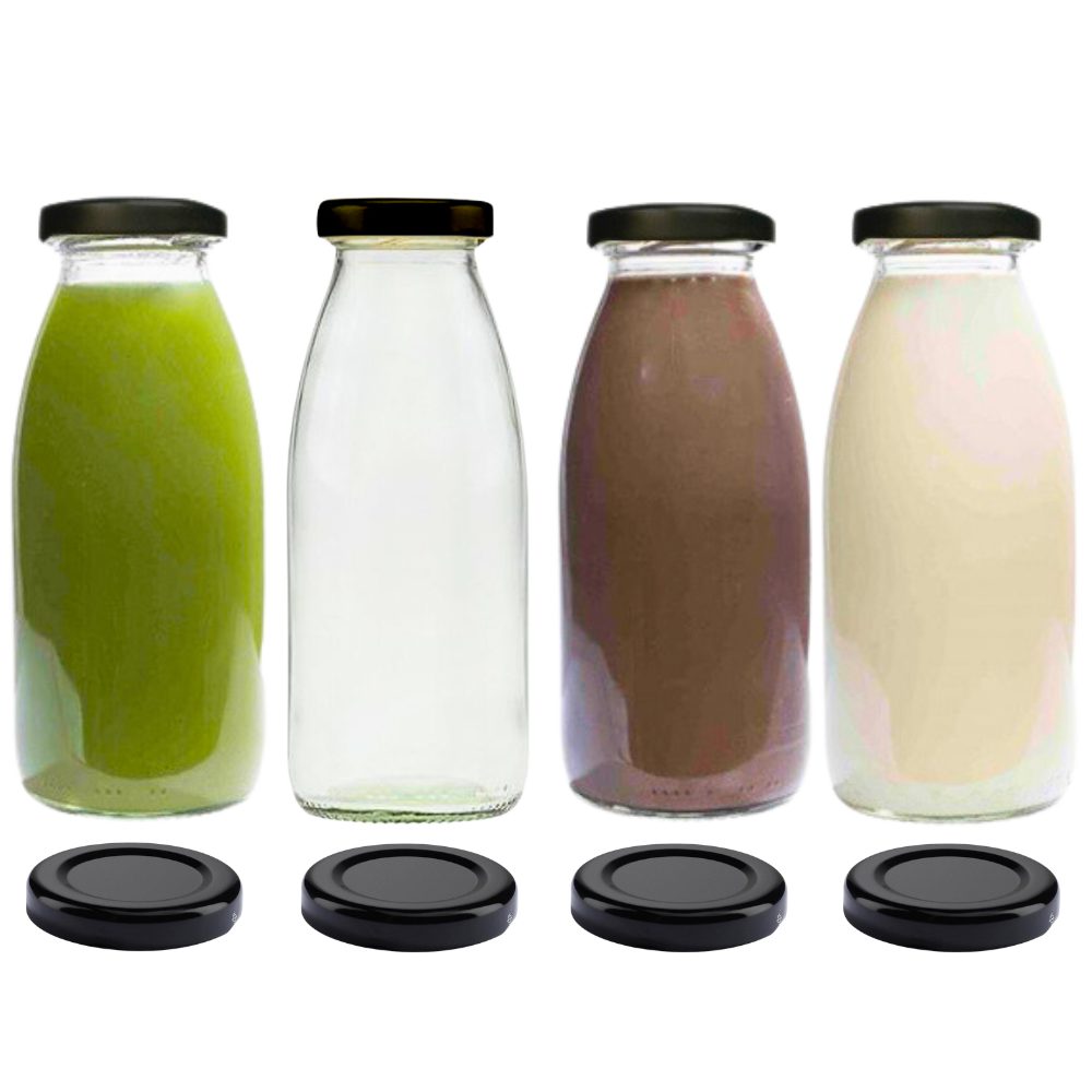 Trinkflasche 4x Milchflasche 250 ml mit Schraubdeckel plus 4 Ersatzdeckel