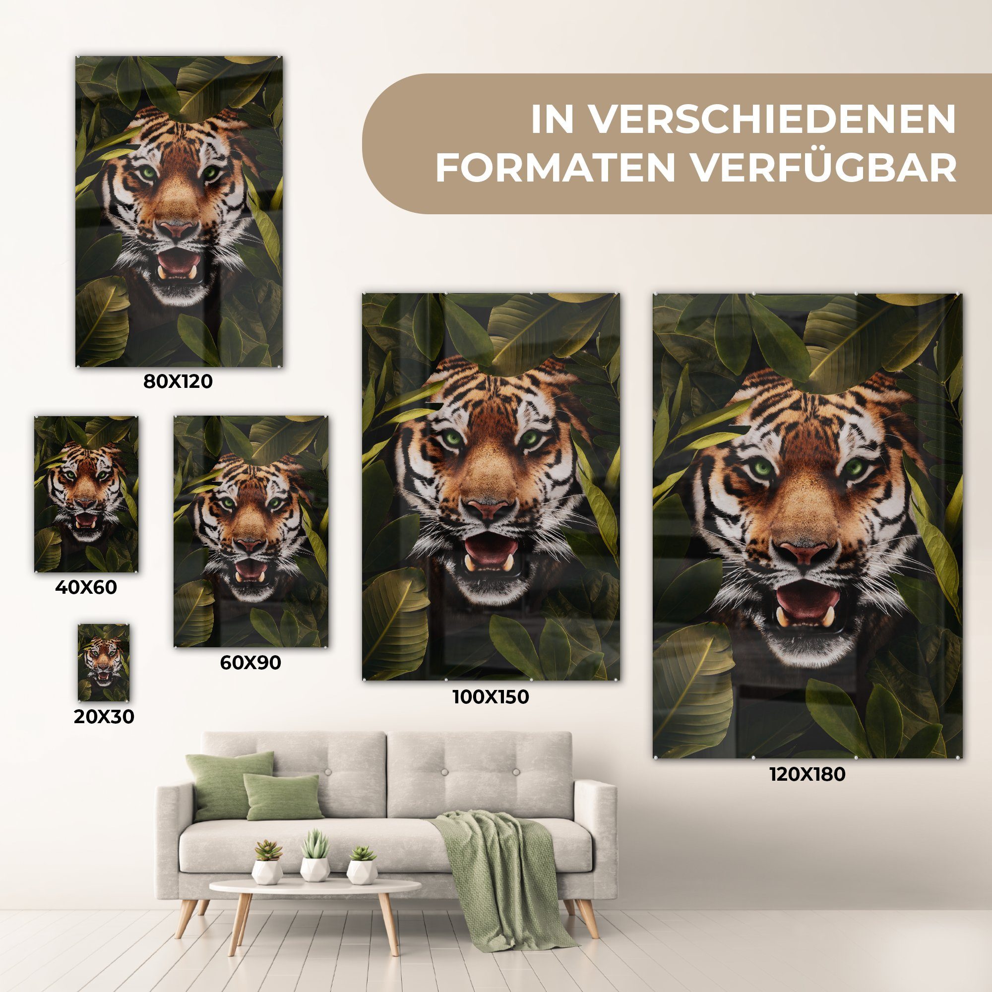 Wanddekoration Grün auf Wandbild (1 Glas Foto - Bilder Glas - - Acrylglasbild MuchoWow Augen, bunt Tiger - auf St), - Glasbilder