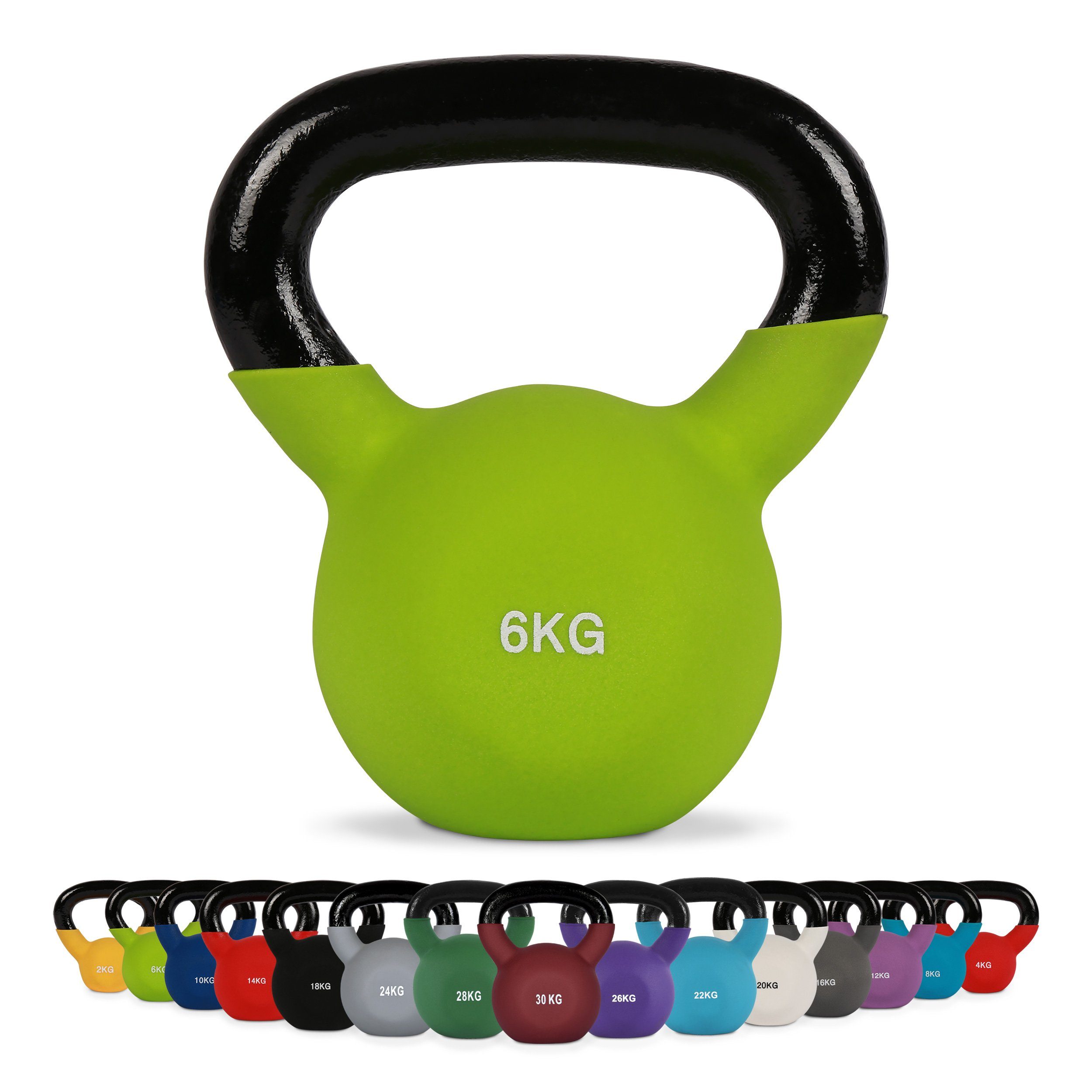 MSports® Kettlebell Kettlebell Professional Neopren 2 – 30 kg inkl. Übungsposter 6 Kg - Grün