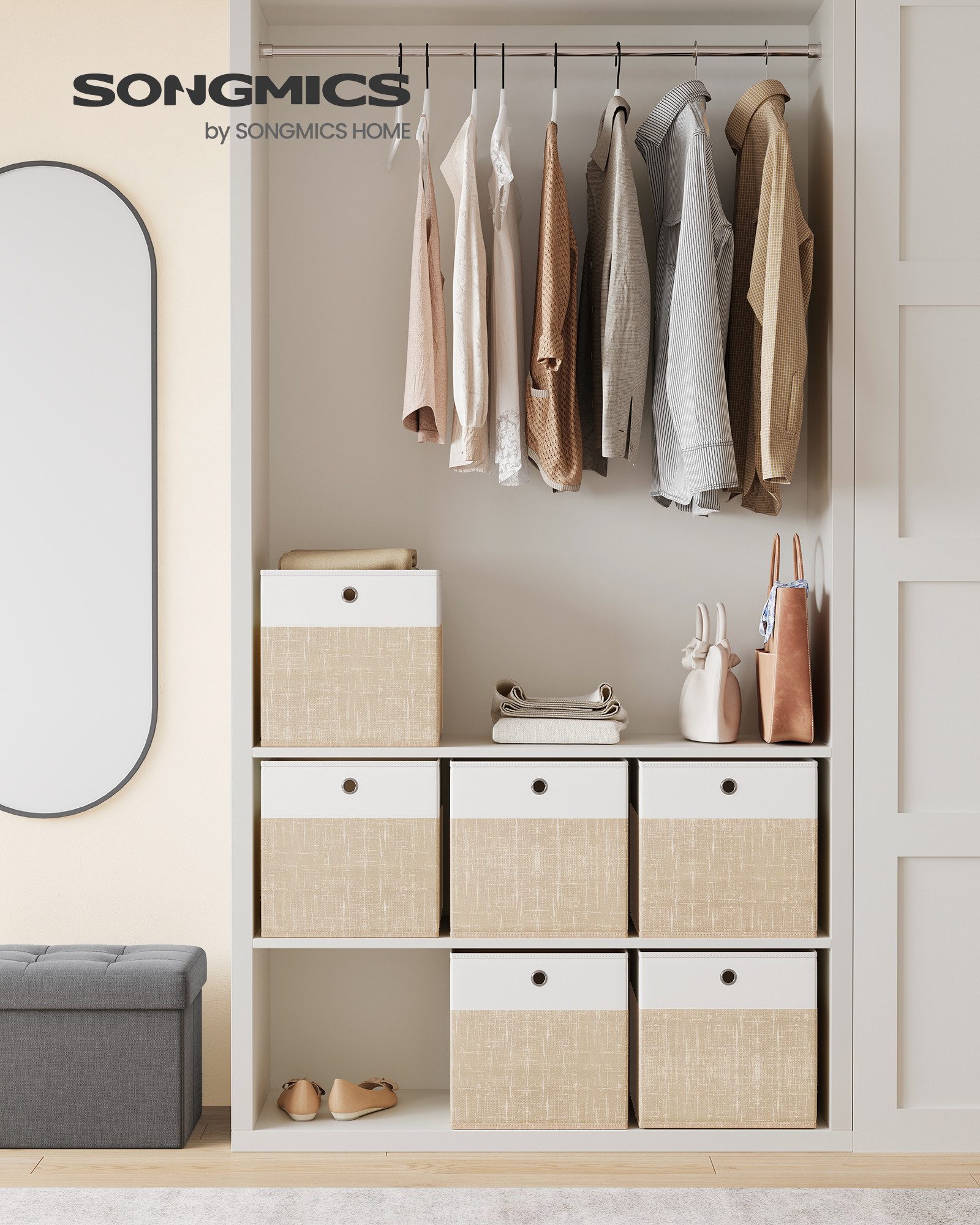 SONGMICS Aufbewahrungsbox Aufbewahrungskorb, Ordnungsboxen, Faltbox, Stoffbox für Würfelregal (6 St), mit PP-Platten, geruchsneutral, 30 x 30 x 30 cm, wolkenweiß-sandbeige