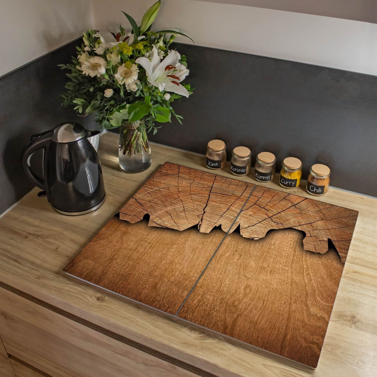 banjado Herd-Abdeckplatte zweiteilig aus Glas mit Motiv Holz, (gehärtet, 2 tlg., inkl. selbstklebende Gummifüßchen)