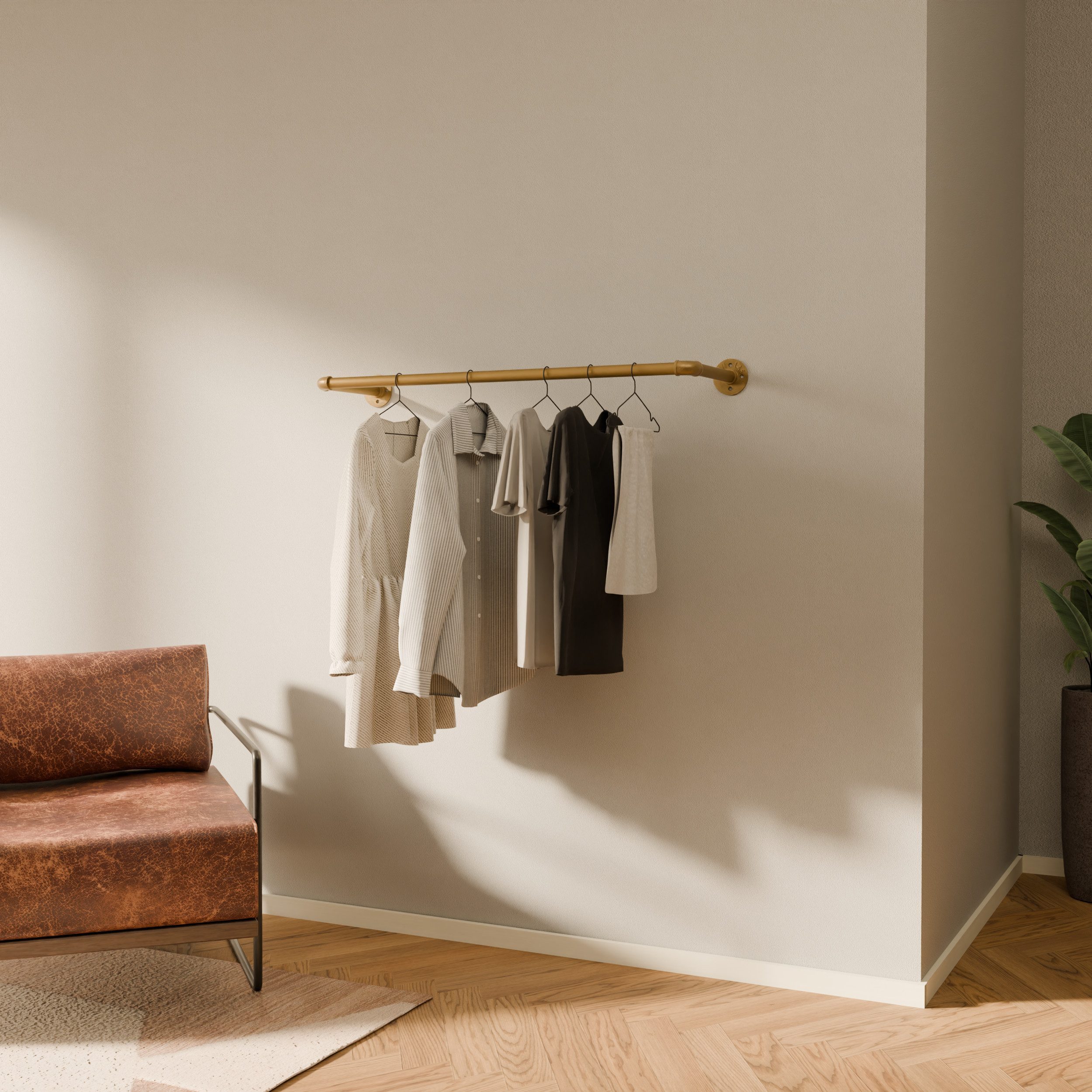 pamo. design Kleiderstange FINN Kleiderständer Garderobenstange für Jacken, Mäntel & Kleidung (Set, 1), goldene Kleiderstange zur Wandmontage im industrial Design