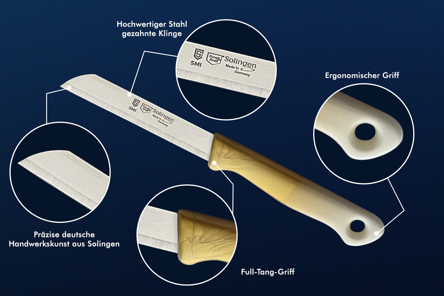 SMI Gemüsemesser 6-tlg Solingen Schälmesser Gemüsemesser Set Obstmesser Küchenmesser, Klinge mit Wellenschliff
