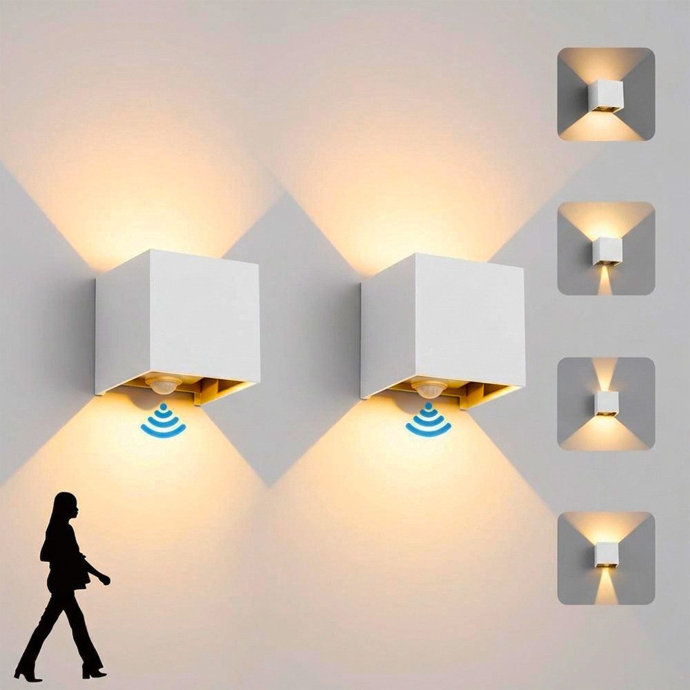 PRIISF Außen-Wandleuchte Cube Würfel LED Wandlampe Up Down Wandstrahler Gartenleuchte Flurlampe, Verstellbarer, IP65 Wasserdicht, mit Bewegungsmelder, Modern Wandbeleuchtung Innen Aussenwandleuchte Strahler Licht