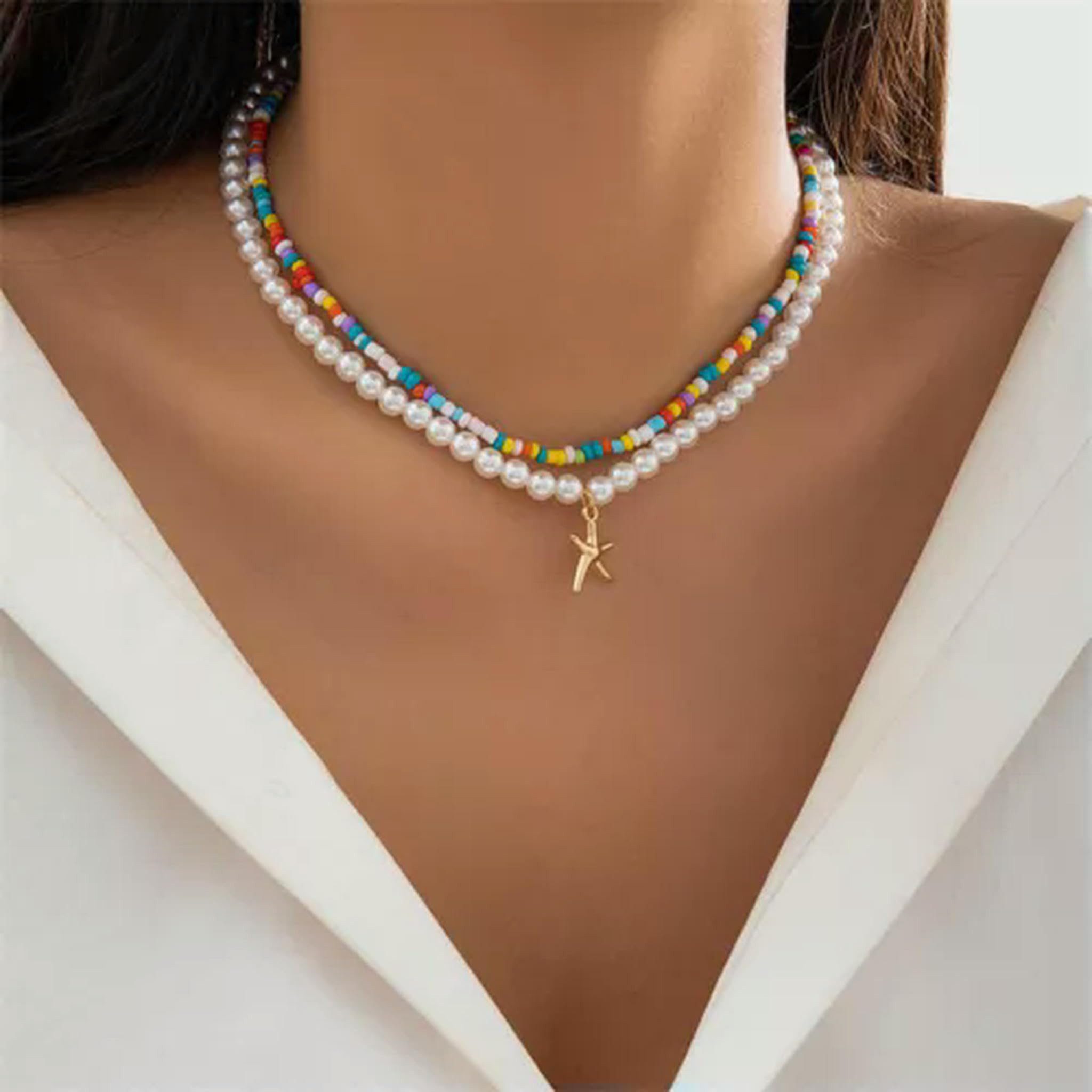 MOPUEA Kette mit Anhänger Bohemian Seestern Halskette, Strand Perlen, verstellbare Halskette (Anhänger Choker Y2K Schmuck Accessoires Geschenke für Frauen, 2-tlg), Sommer Schmuck Bunte Perlen Seestern Halskette Accessoires Outfits