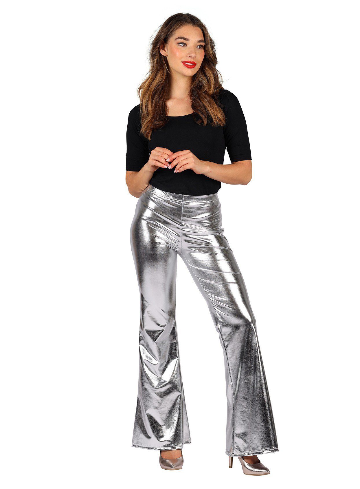 thetru Kostüm Disco Leggings für Damen silber, 70er Jahre Schlaghose mit Metallic-Schimmer