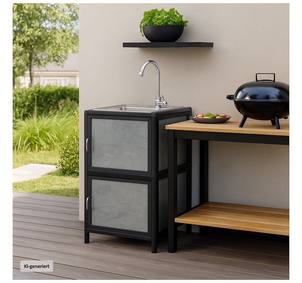 HTI-Living Küchenspüle Spüle mit Unterschrank für Outdoorküche Grau, 46/41 cm, (Stück, 1 Outdoorspüle), für Garten und Camping mit Edelstahl-Armatur