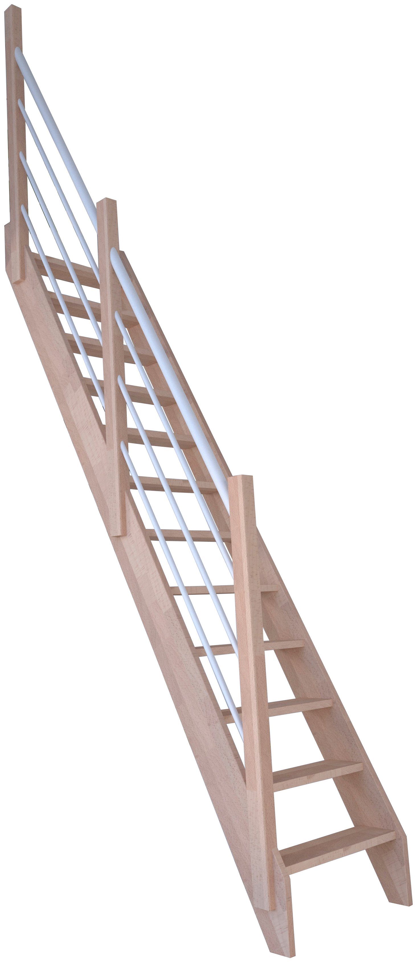 Starwood Raumspartreppe offen, Stufen Buche Wangenteile 3000, Durchgehende Weiß Holz-Edelstahl Links