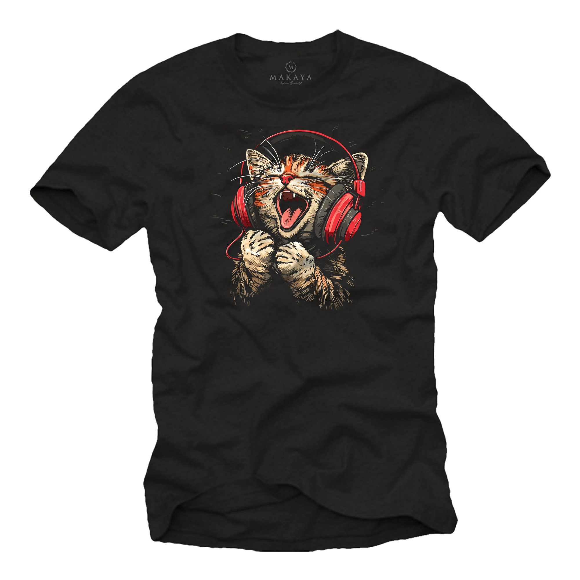 MAKAYA T-Shirt Printshirt für Herren – Katze mit Kopfhörer für Katzenliebha günstig online kaufen