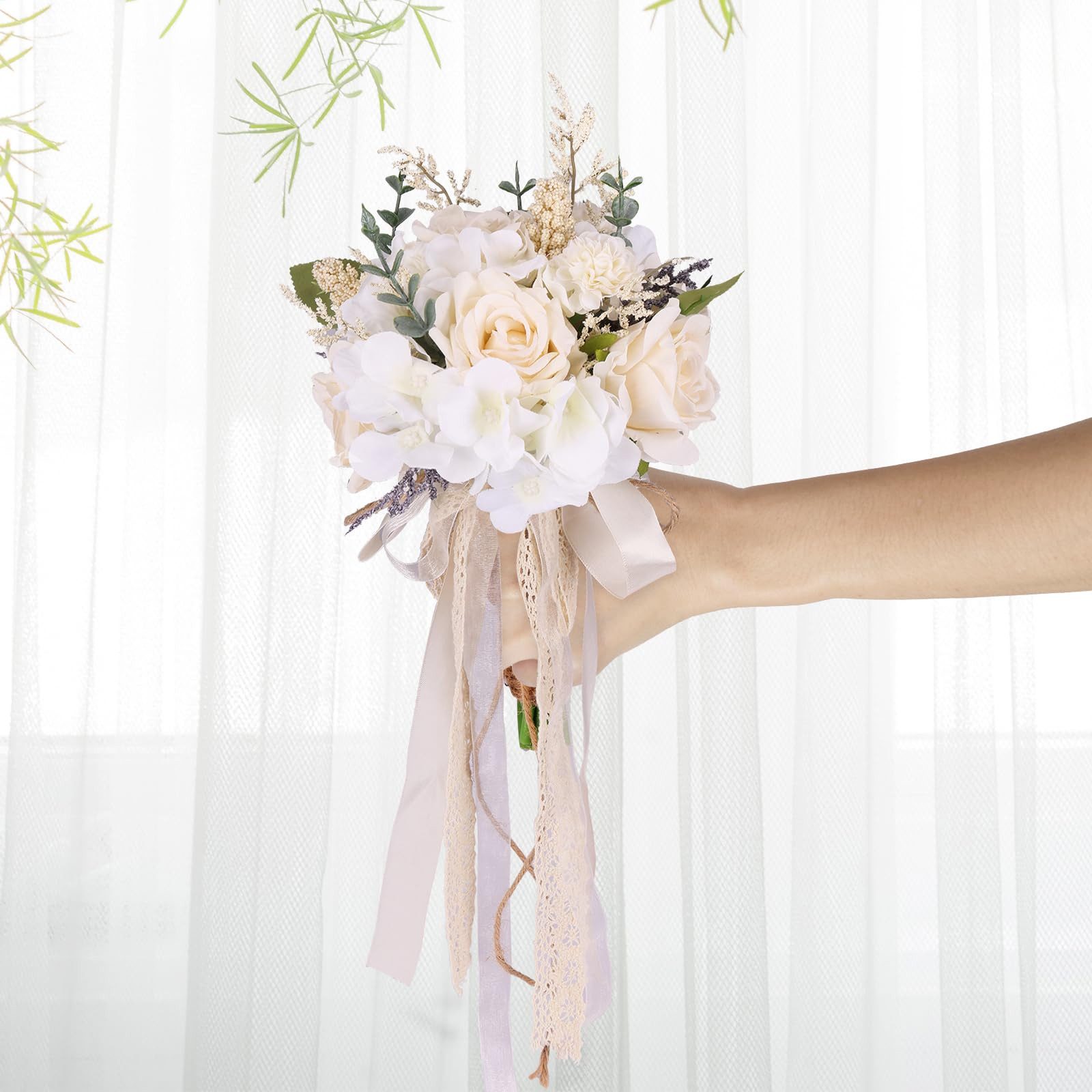 Kunstblume Kunstblumenstrauß Brautsträuße für Braut und Brautjungfern, Agger, künstliche weiße Champagnerrosen, Hochzeitsdekoration – Bild 5 von 5