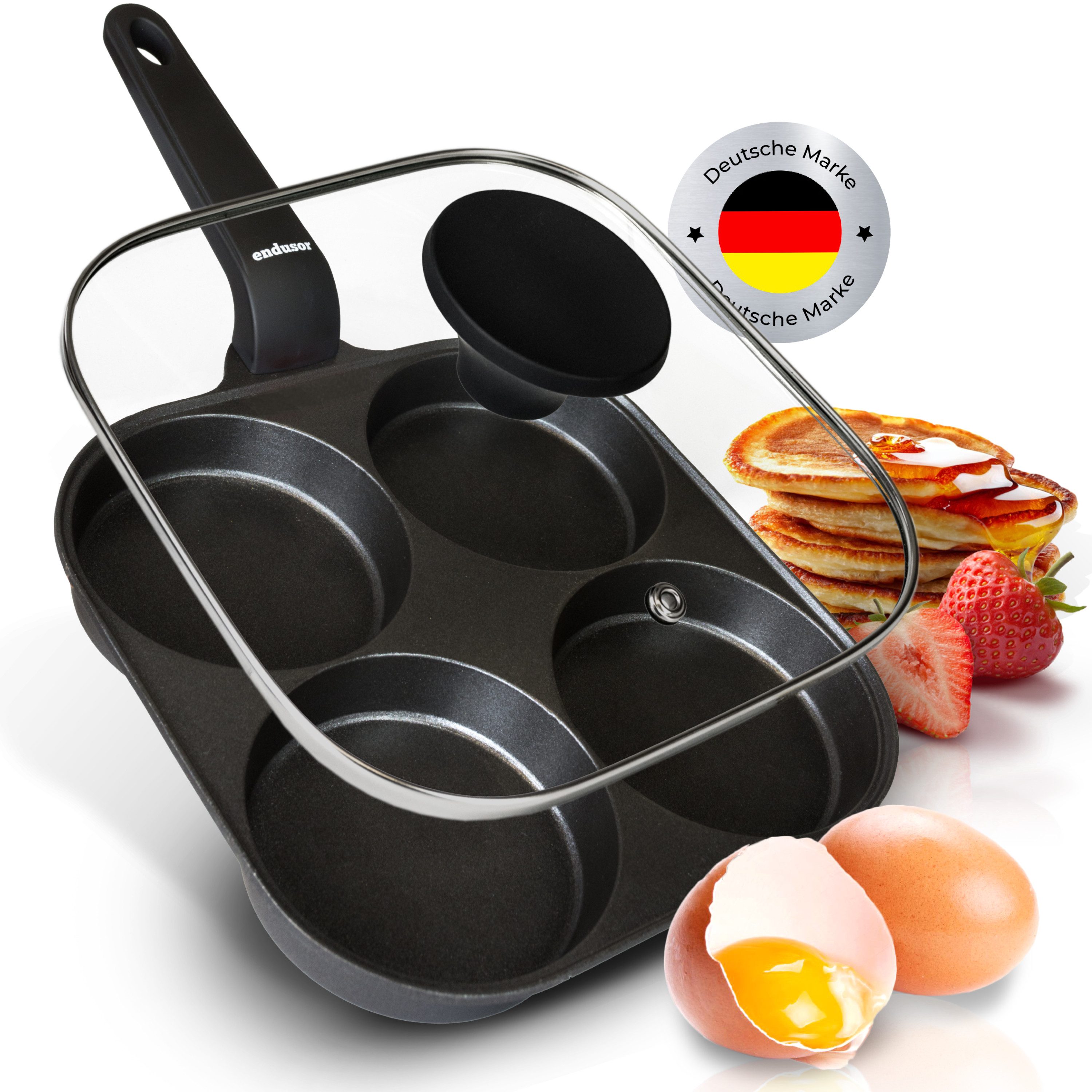 endusor Bratpfanne Spiegeleipfanne & Pancake Pfanne (21 cm), Aluminiumguss (inkl. Glasdeckel, Alle Herdarten auch Induktion), Antihaft-Beschichtung & Eisenkernboden für Spiegelei, Pancakes & Mehr
