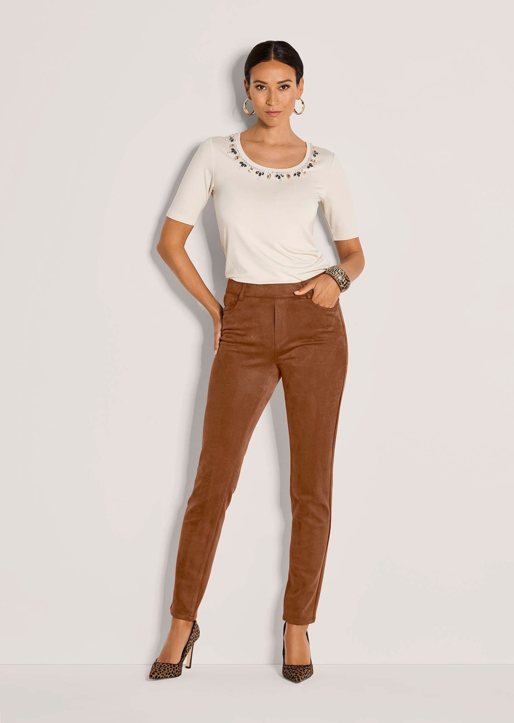 Stoffhose Slim Fit Hose in Veloursleder-Optik