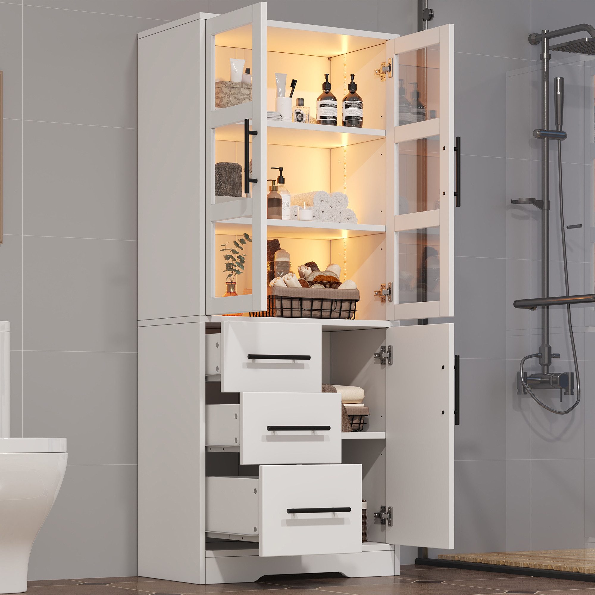 Odikalo Hochschrank Badschrank Badmöbel mit LED & Schubladen (72x35x170 cm, Doppel-Glastüren, 3 Schubladen & 2 Schränke, App-gesteuertes LED-Licht, Verstellbare Einlegeböden)