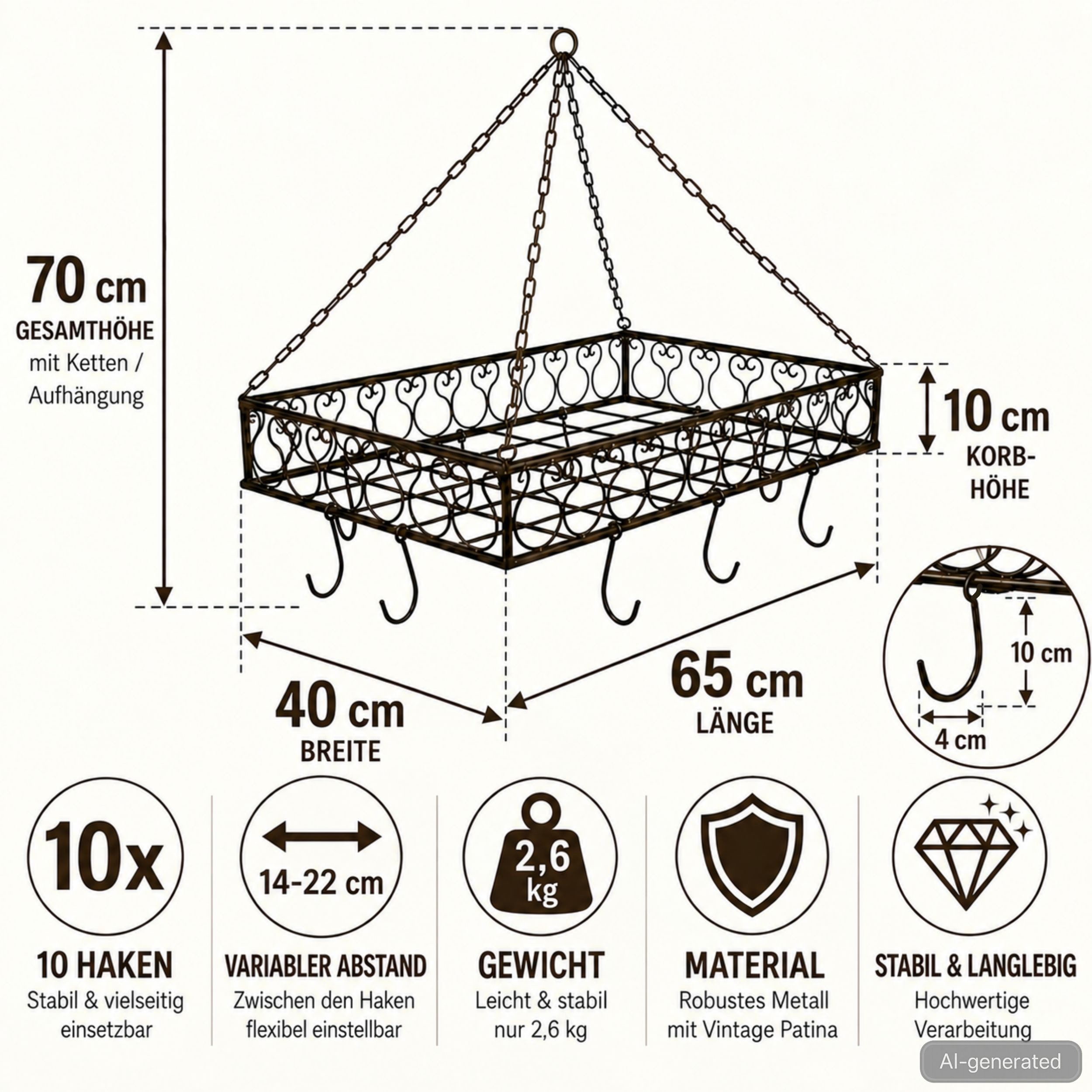 DanDiBo Hängeregal Topfhänger Cocina Pfannenhänger 60 cm Deckenregal Hänger Wurstkrone – Bild 2 von 5