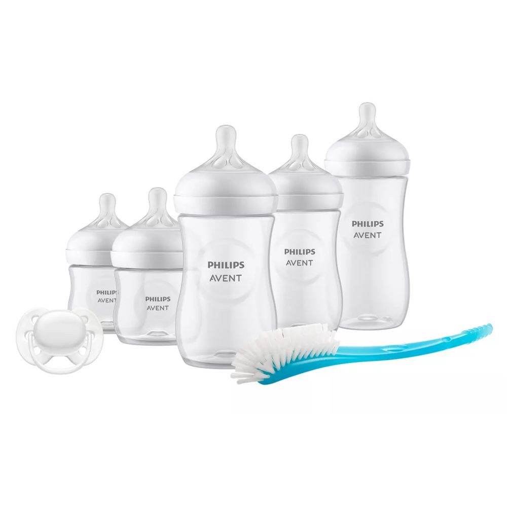 Philips AVENT Babyflasche Neugeborenen-Starter-Set Natural, 5 Baby Flaschen mit Silikon-Sauger, Schnuller & Flaschenbürste