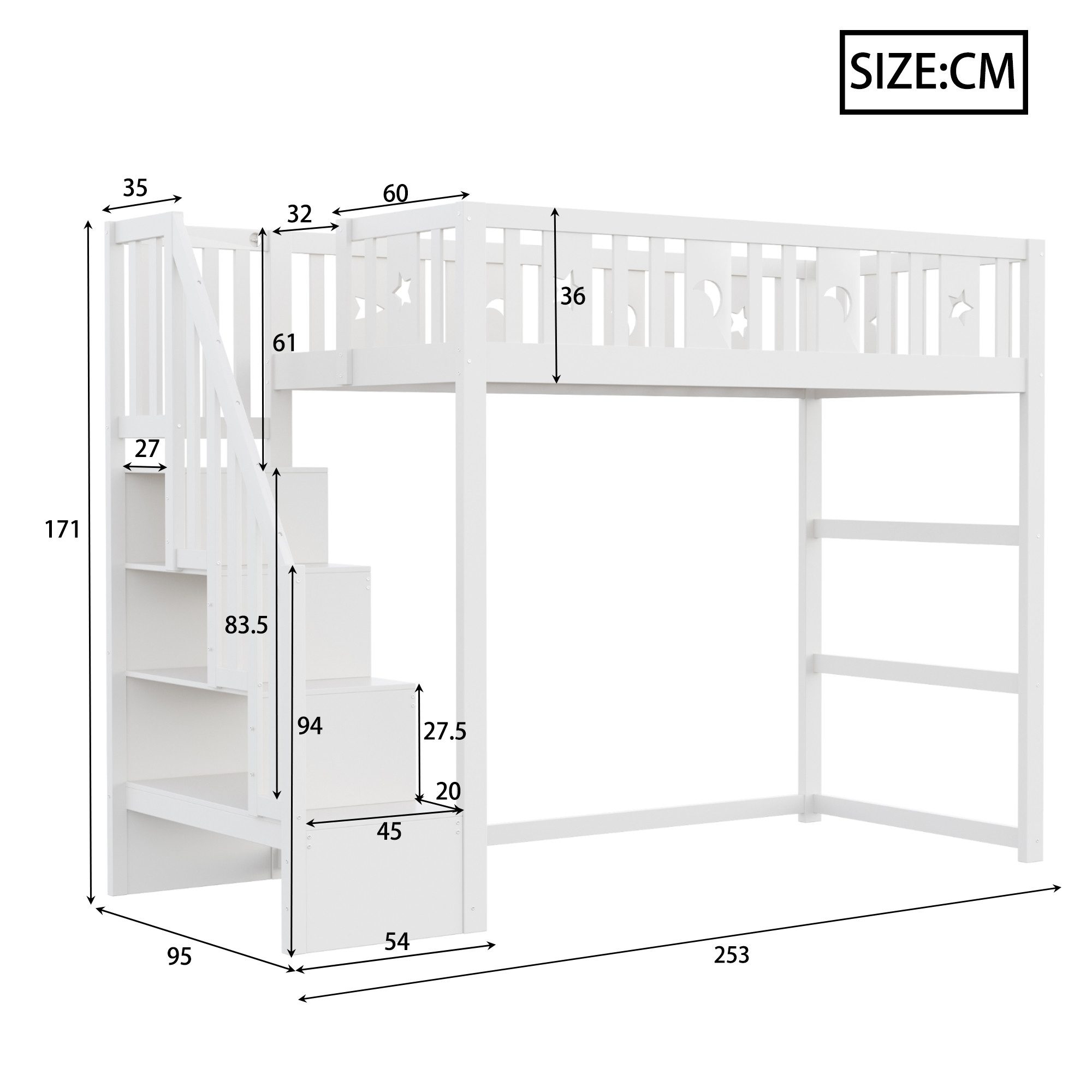 MODFU Hochbett mit Treppe, Jugendbett (Funktionsbett mit Sicherheitsgeländer & Dekoration, Stern & Monddesign, Kinderbett 90x200 cm) ohne Matratze