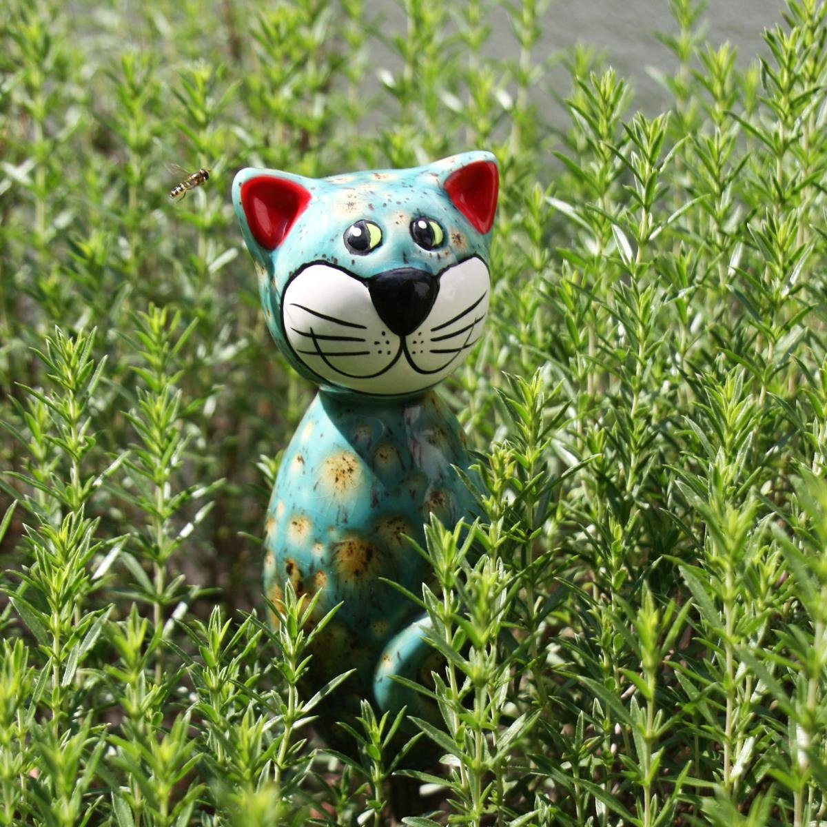 blaugrün mit olivfarbenen Akzenten, MINI Tangoo Keramik-Katze Gartenfigur Tangoo (Stück)