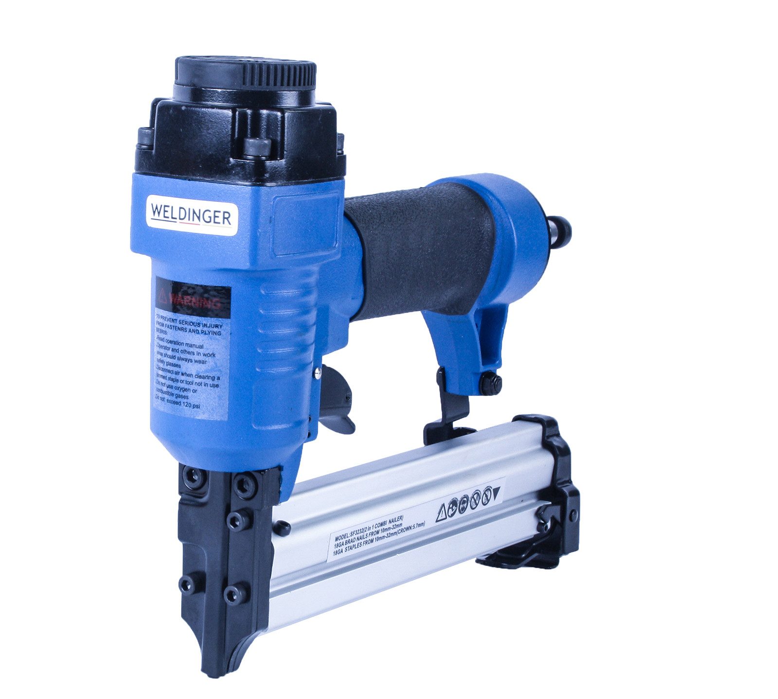 WELDINGER Druckluft-Tacker Druckluft Klammergerät (Tackernadeln bis 25 mm Nägel bis 32 mm Stärke), (Set), Set mit Transportkoffer, Pneumatiköl und Innensechskantschlüsseln