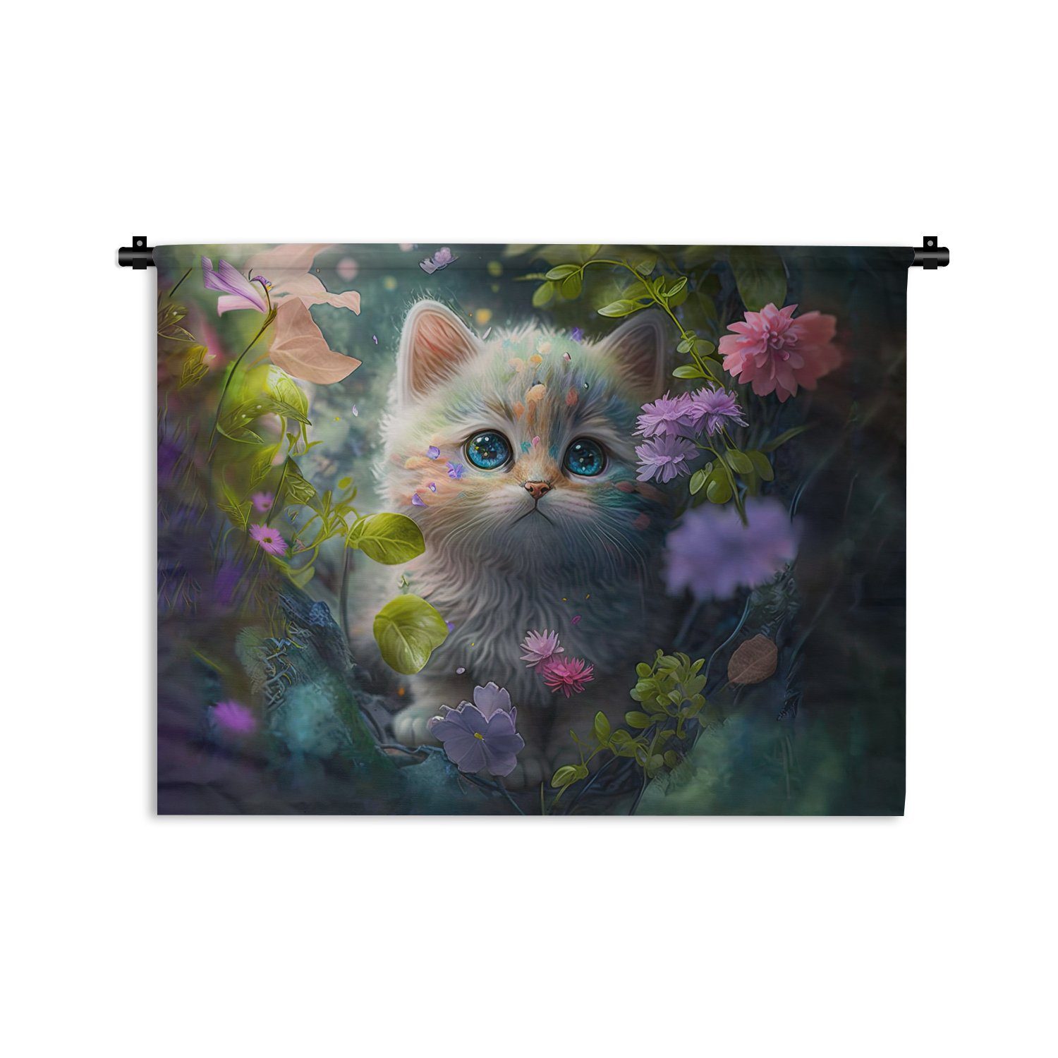 MuchoWow Wanddekoobjekt Kätzchen - Blumen - Wald - Illustration - Katze, Wanddeko für Wohnzimmer, Schlafzimmer, Kleid, Wandbehang, Kinderzimmer