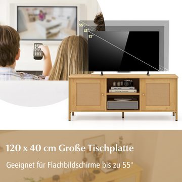 COSTWAY TV-Schrank mit 2 Türen aus Rattan & Fächern, Holz, 120x40x48cm