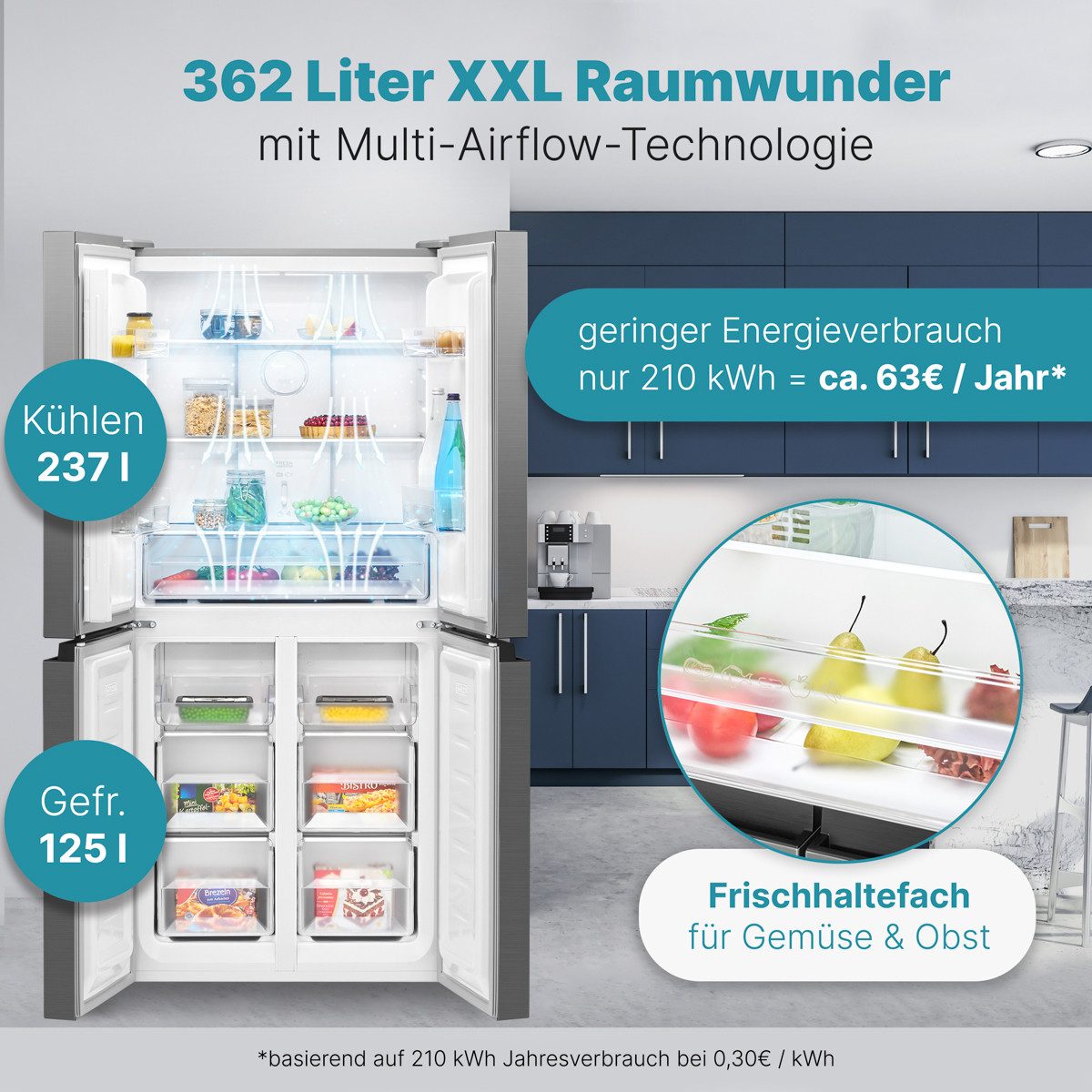 BOMANN Kühl-/Gefrierkombination KG 7358, 180 cm hoch, 79 cm breit, 362L, Total No Frost & MultiAirflow-System – Bild 2 von 5