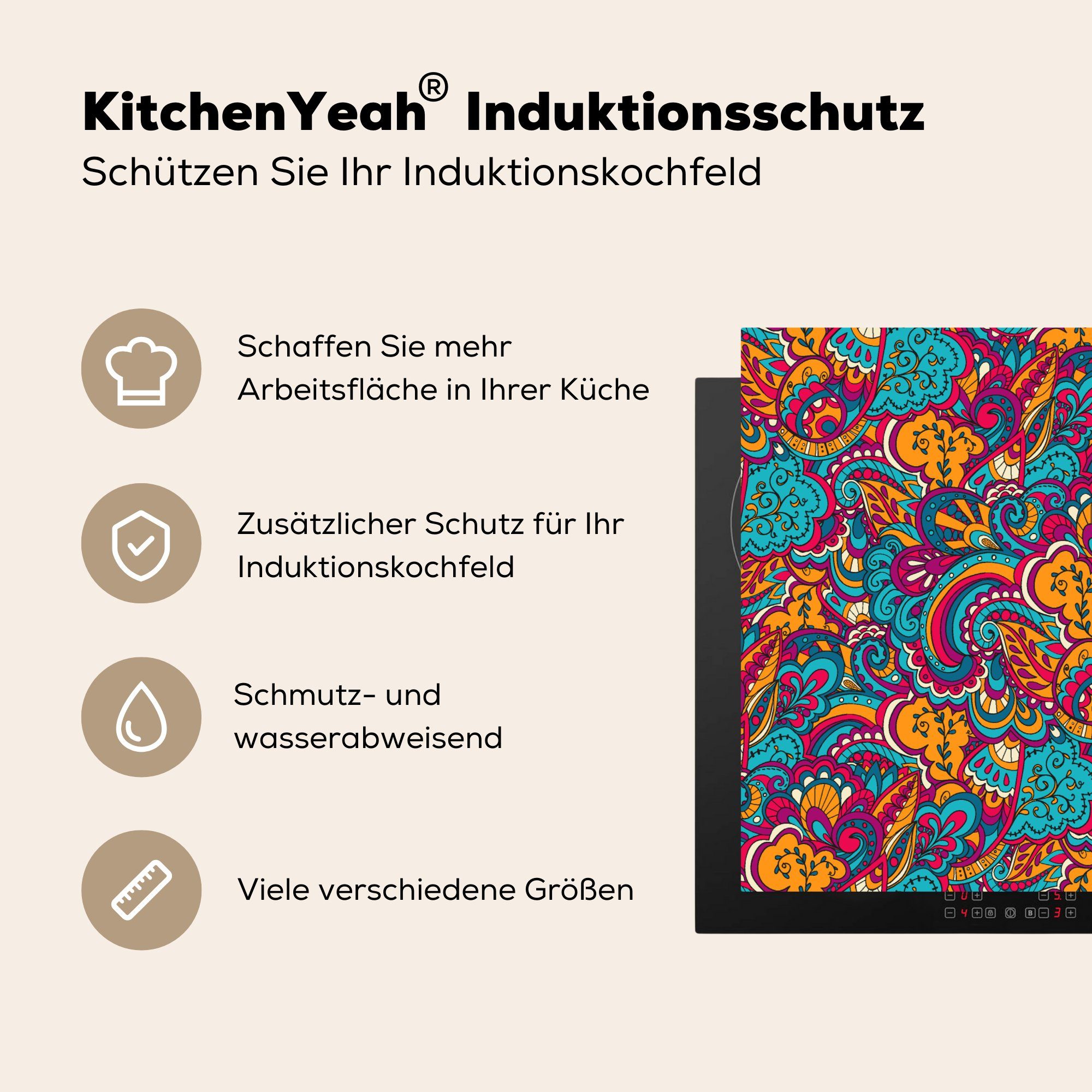 MuchoWow Herdblende-/Abdeckplatte küche, - - Induktionsmatte cm, 59x52 Vinyl, Hippie tlg), (1 - die Ceranfeldabdeckung für Abstrakt Flora Muster