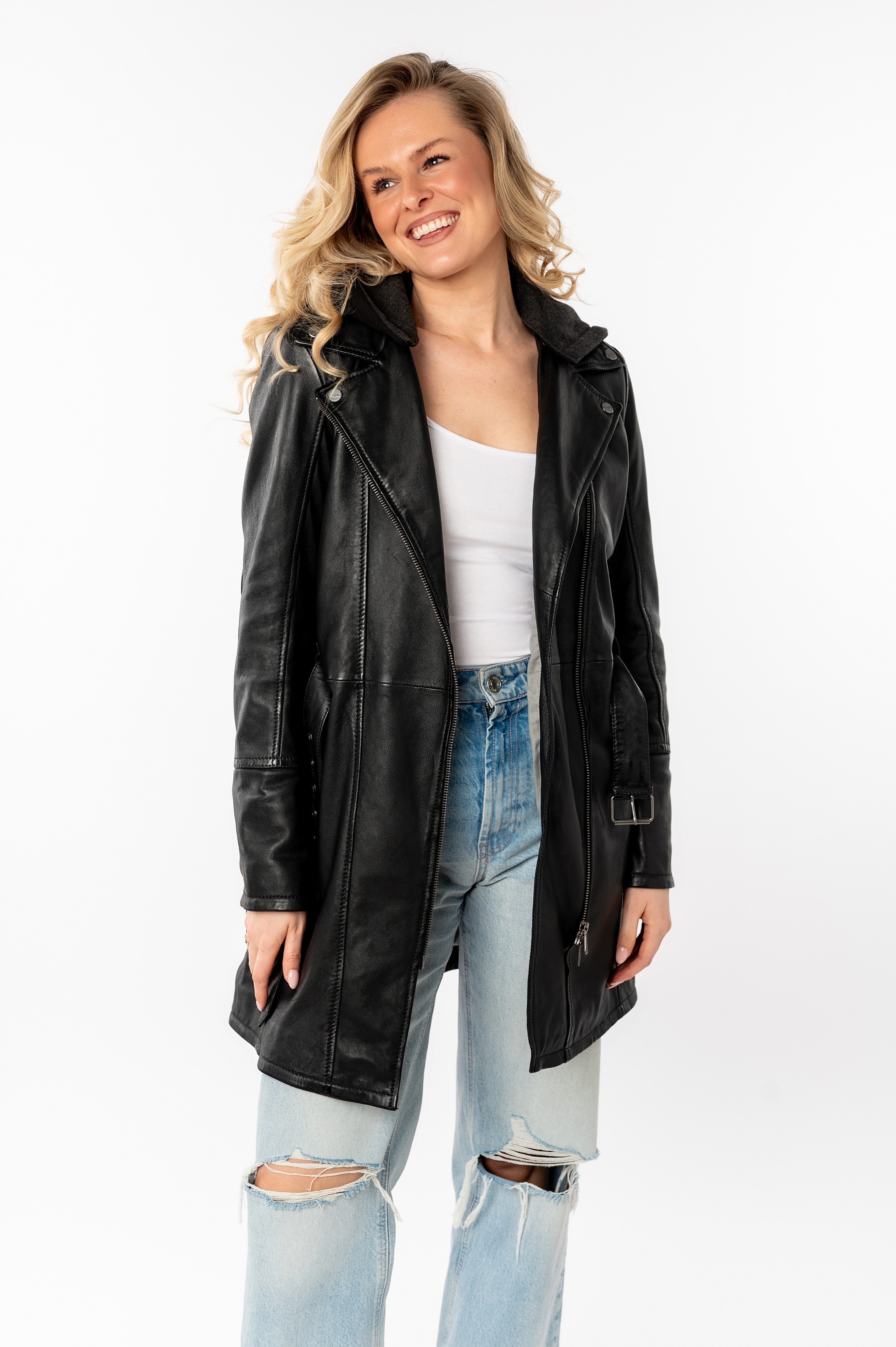 Mauritius Ledermantel SENEKA2 mit Gürtel, abnehmbarer Jersey-Kapuze und coolen Biker-Details