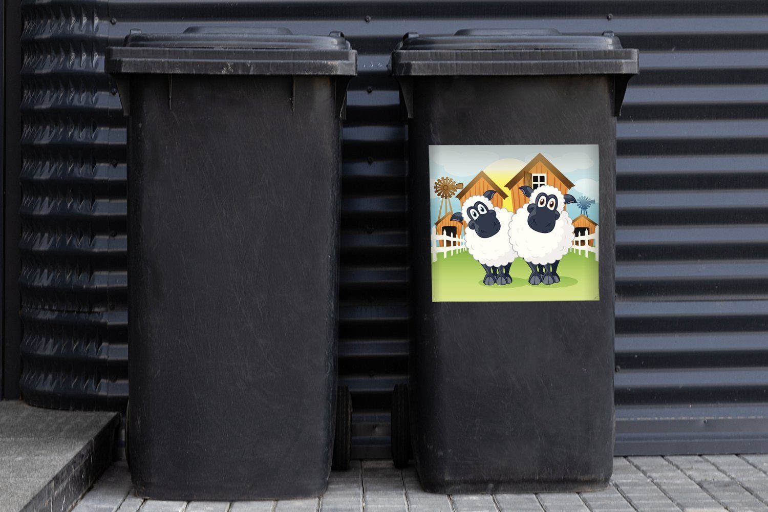 MuchoWow Wandsticker Eine Illustration Bauernhof Abfalbehälter von Mülltonne, Mülleimer-aufkleber, vor Sticker, St), Container, (1 einem Schafen zwei