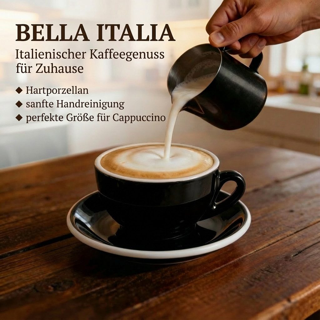 MUVELL Cappuccinotasse 6er Cappuccino-Set "Rimini" Tasse 200ml+Untertasse, schwarz, 6-tlg., Keramik, 200 ml Schwarz mit weißen Rand und Innenfläche