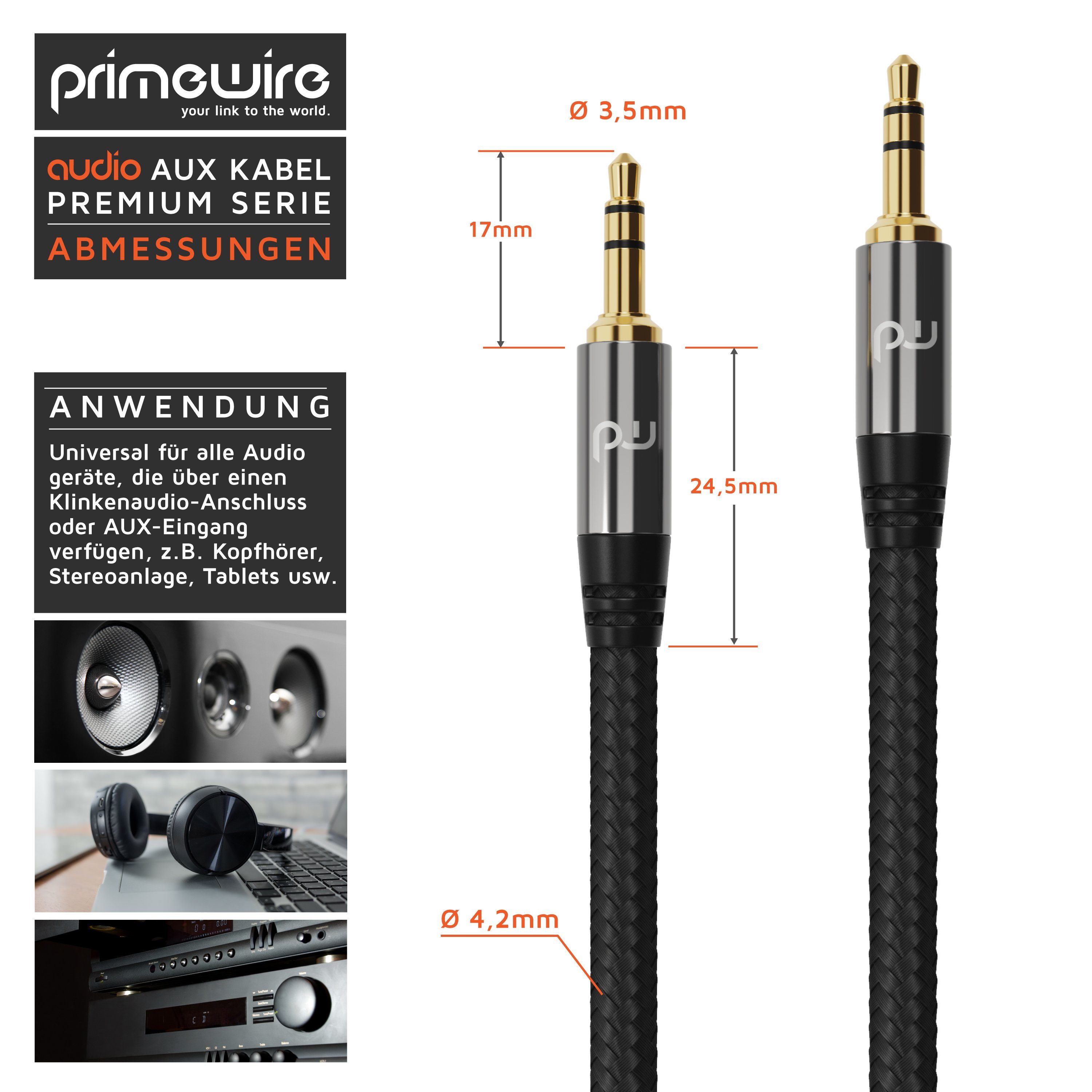 Primewire Audio-Kabel, 3,5-mm-Klinke, AUX (100 cm), Klinkenkabel 3,5 mm AUX - Audiokabel mit Nylonmantel - 1m