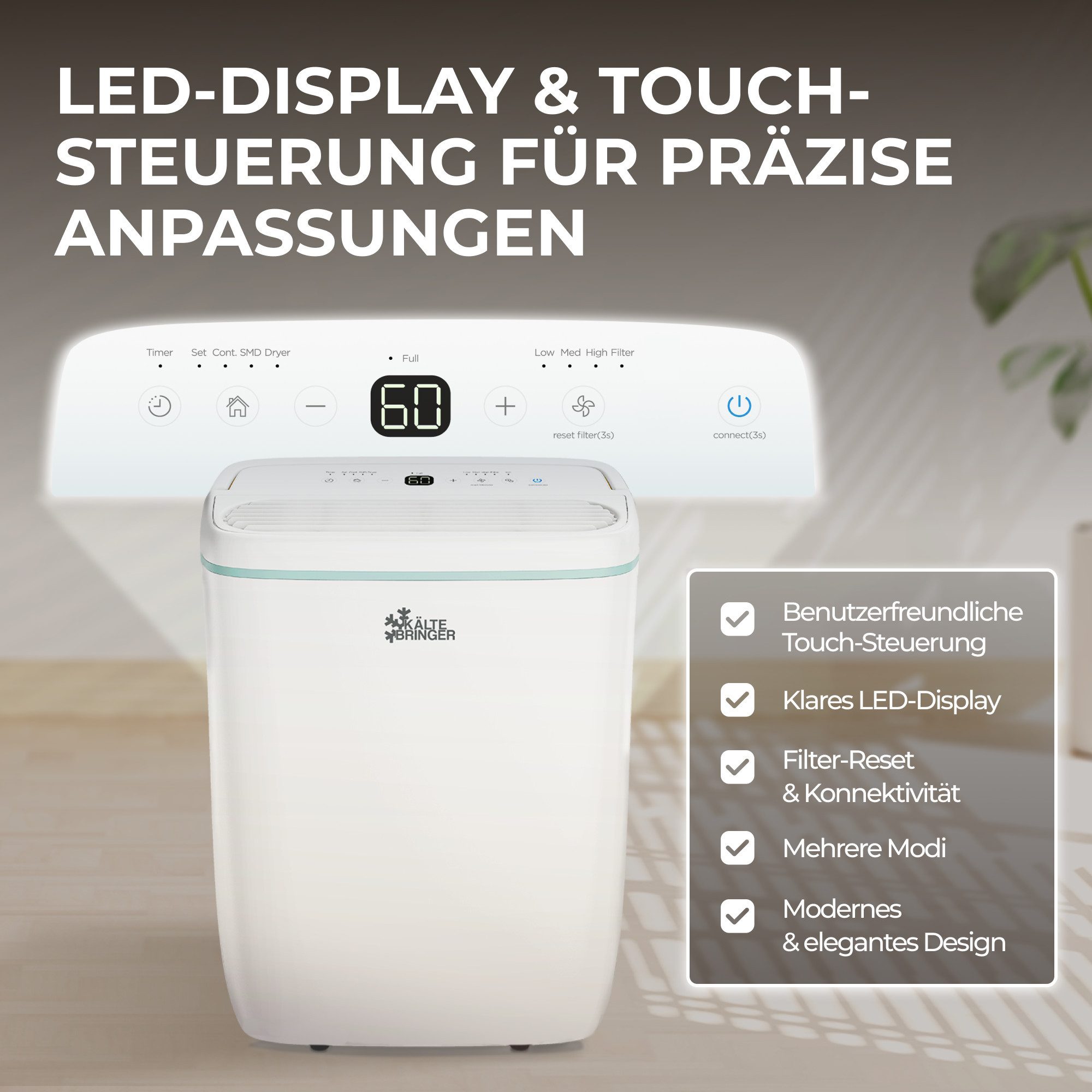 Kältebringer Dehumidifier, 10L/24h, up to 31m² (77m²) LED Display, very quiet & energy-saving