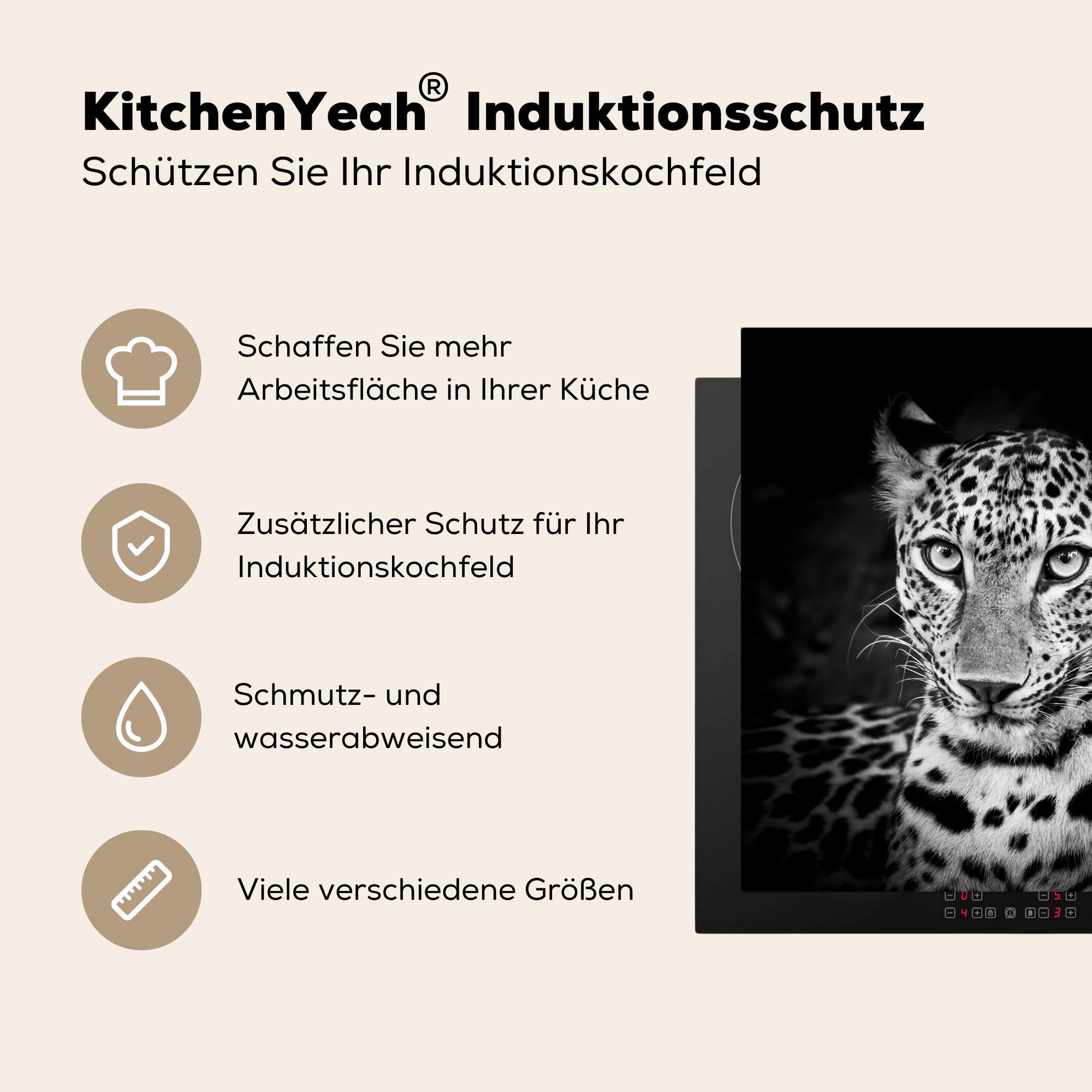 Panther für cm, Vinyl, MuchoWow Weiß, - küche - Ceranfeldabdeckung, 78x78 Arbeitsplatte (1 Herdblende-/Abdeckplatte tlg), Schwarz