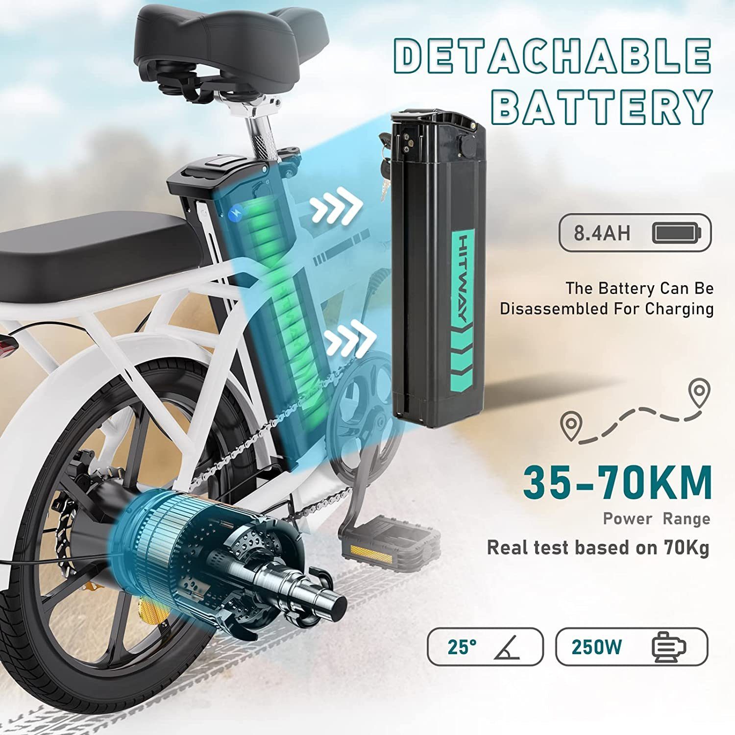 E-Bike Fahrrad 250W Ah HITWAY Kettenschaltung, Klapprad Heckmotor 36 8,4 / weiß 16 Luftreifen, Zoll V