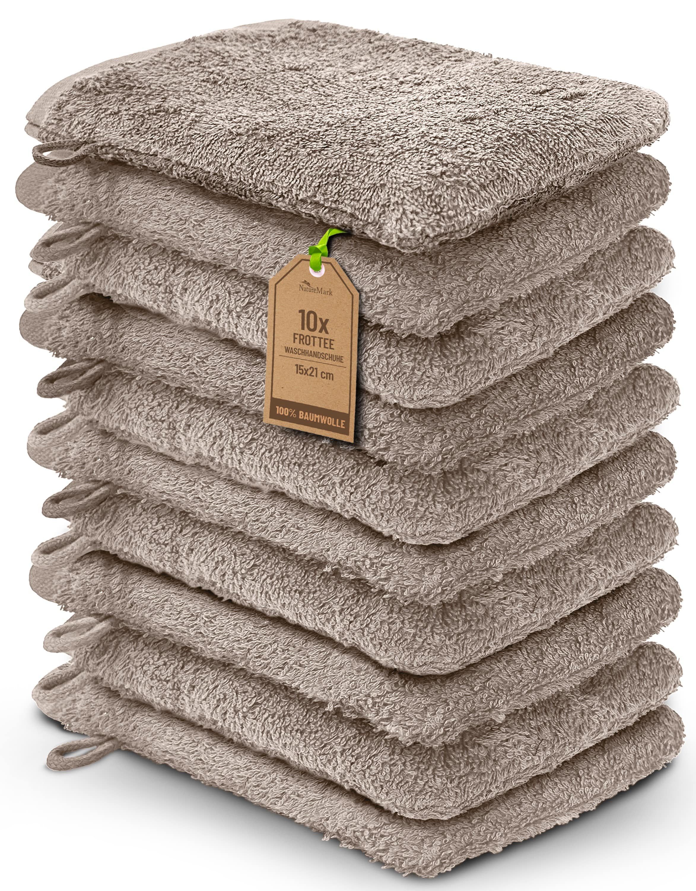 NatureMark Waschhandschuh 10er-Set Frottier Замшевые перчатки, 100% Baumwolle (10-St), Premium Frottier Замшевые перчатки, 15x21cm, Sand
