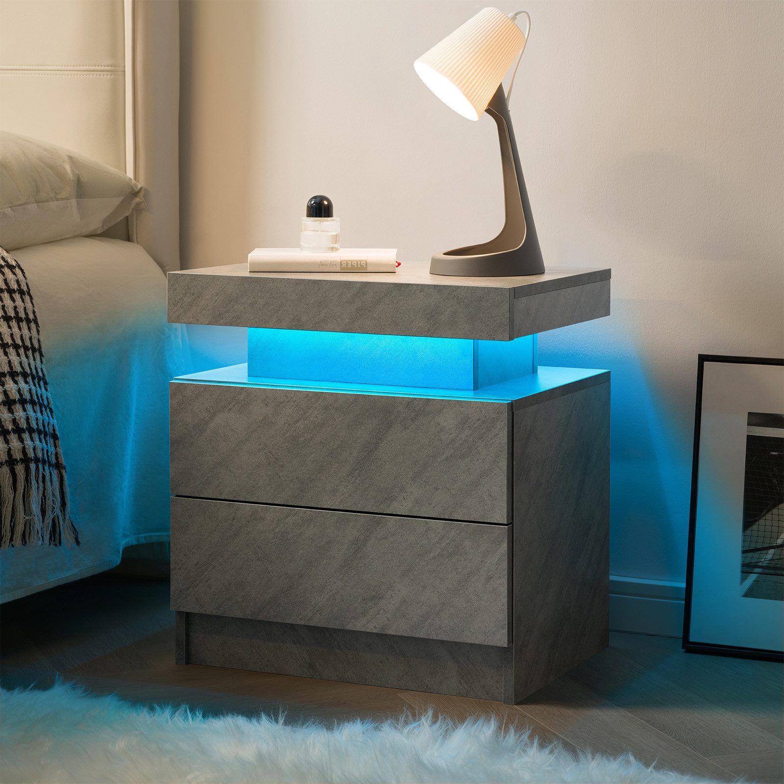 REDOM Nachttisch Nightstand Kommode Beistelltisch Nachtkonsole (LED Nachttisch mit 2 Schubladen, einstellbare multicolor LED-Beleuchtung und großer Stauraum, mit einstellbarem LED-Licht, großem Stauraum und stilvollem Design)