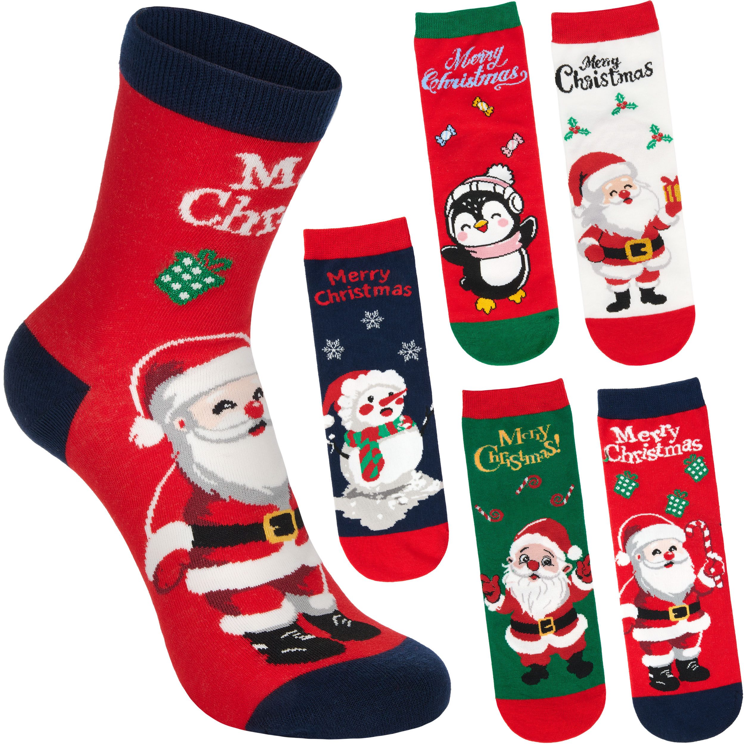 BRUBAKER Socken Damen Weihnachtssocken - Santa, Schneemann und Pinguin (Bunte Baumwollsocken für Frauen - Geschenkset, 5-Paar, Kuschelsocken mit humorvollen Sockenmotiven) Lustige Damensocken für Weihnachten & Nikolaus