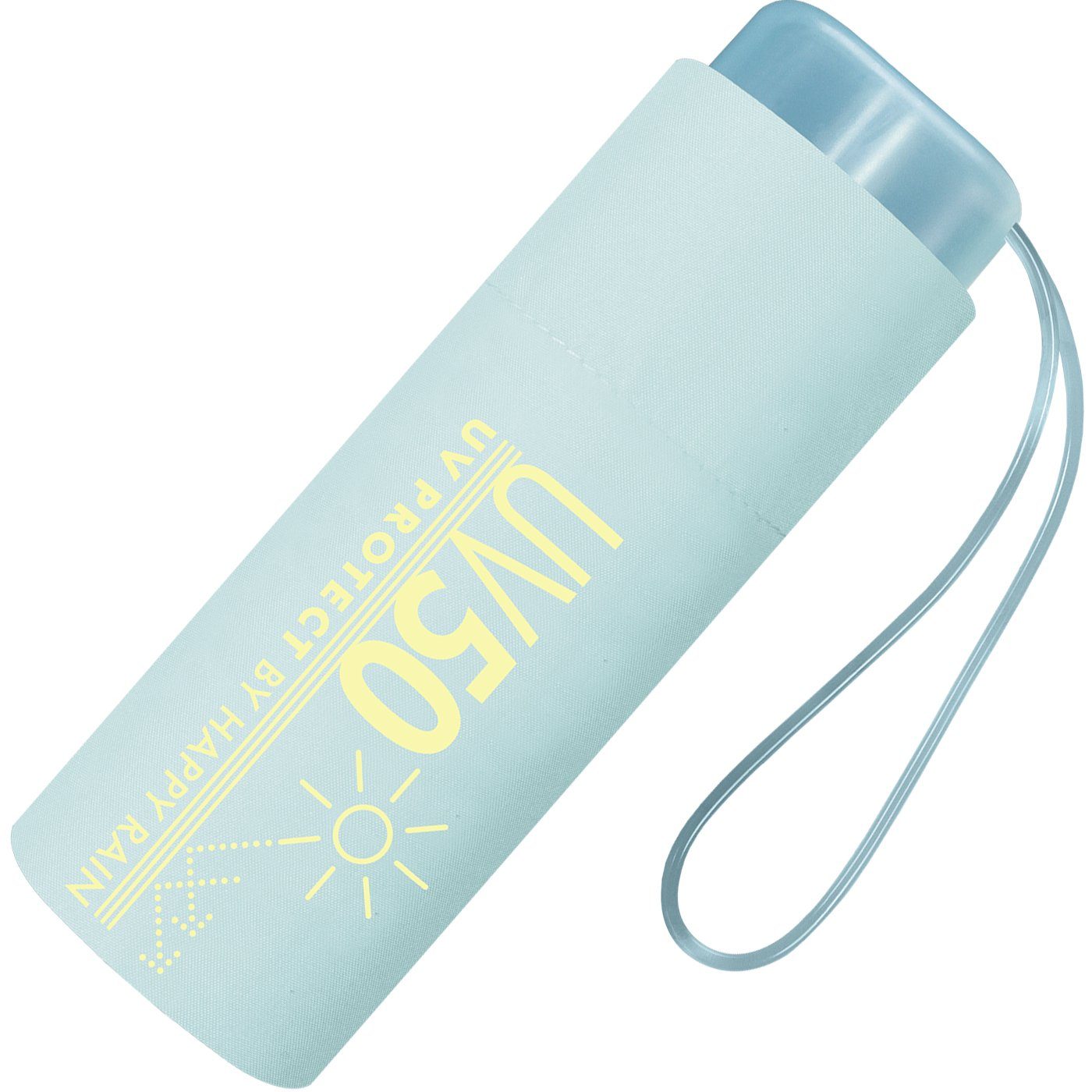 HAPPY RAIN Taschenregenschirm UV-Protect UV50 Ultra Mini Flat mit Sonnenschutz, winzig klein für unterwegs - schützt vor Sonne und Regen