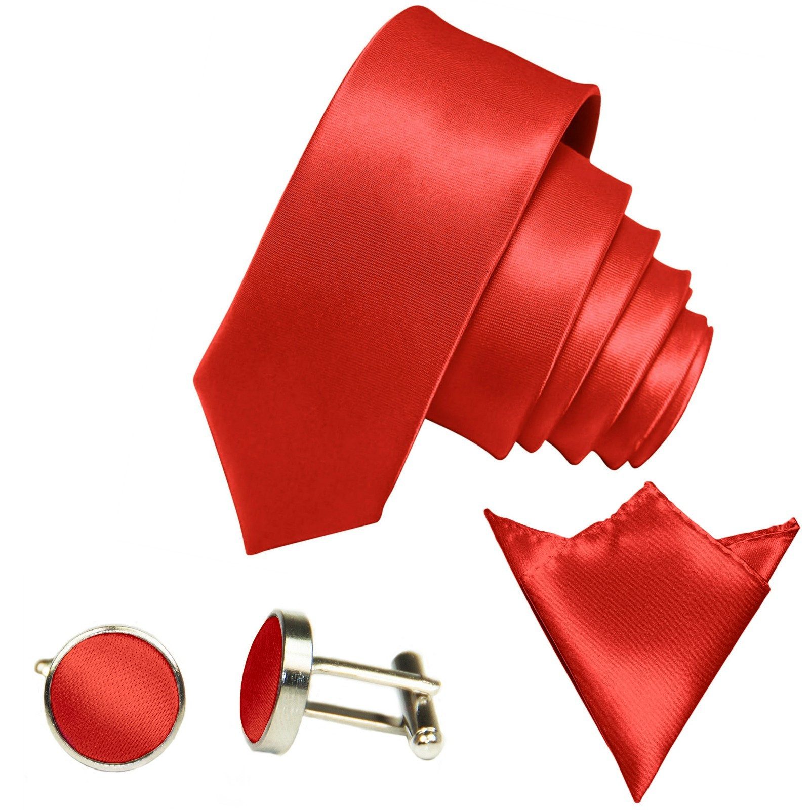 GASSANI Krawatte Satin Hochzeitskrawatte, Herren-Krawatte Hochzeit Schlips z Anzug (Set, 3-St., Krawattenset, Manschettenknöpfe, mit Einstecktuch) 6cm Schmal Dünn, Slim Uni, Seide-Touch-Finish