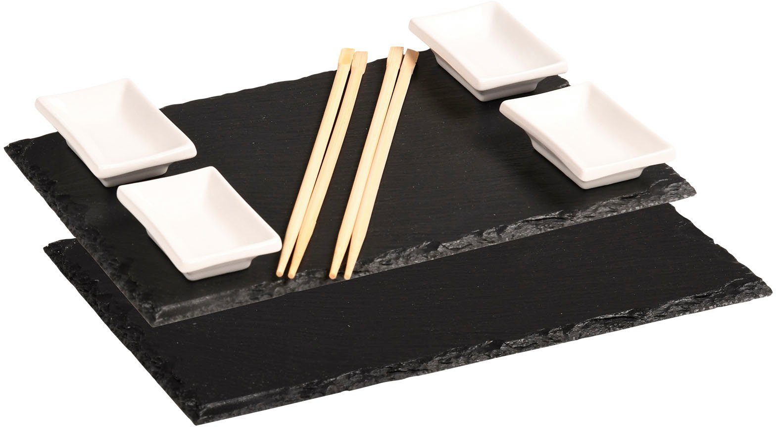 KESPER for kitchen & home Servierplatte (Sushi-Set), Holz, Porzellan,  Schiefer, (Set, 8-tlg), mit Zubehör, 2 Schieferplatten: 30 x 20 cm