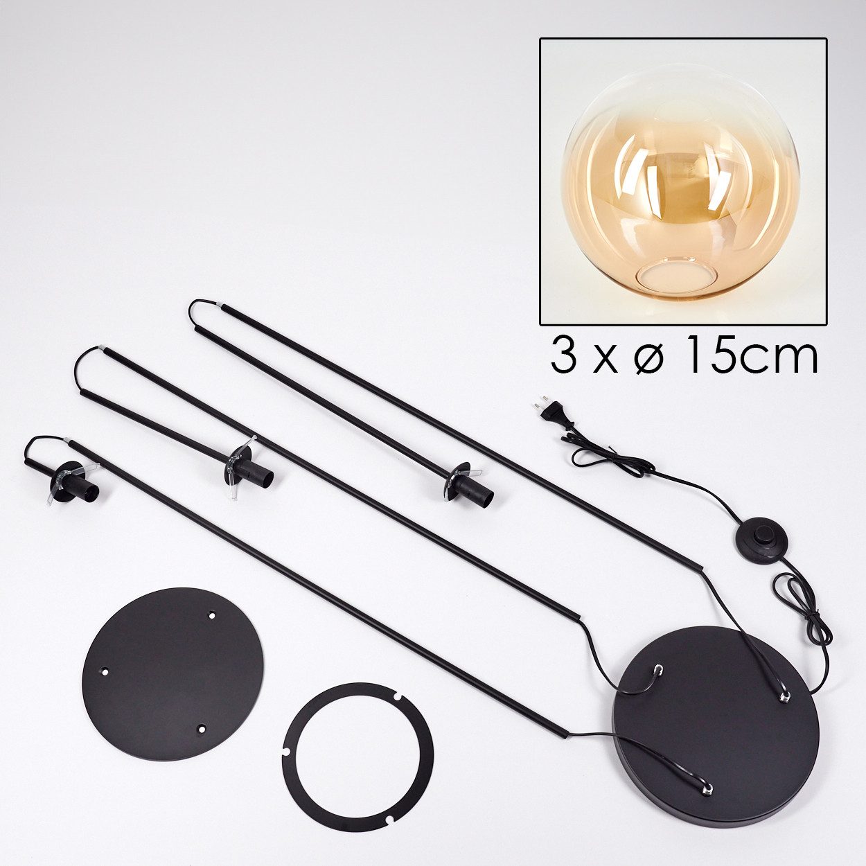 hofstein Stehlampe Stehlampe aus Metall/Glas in Schwarz/Bernsteinfarben/Klar, ohne Leuchtmittel, Stehleuchte im Retro-Design m. Glasschirmen (15cm), Fußschalter, E14