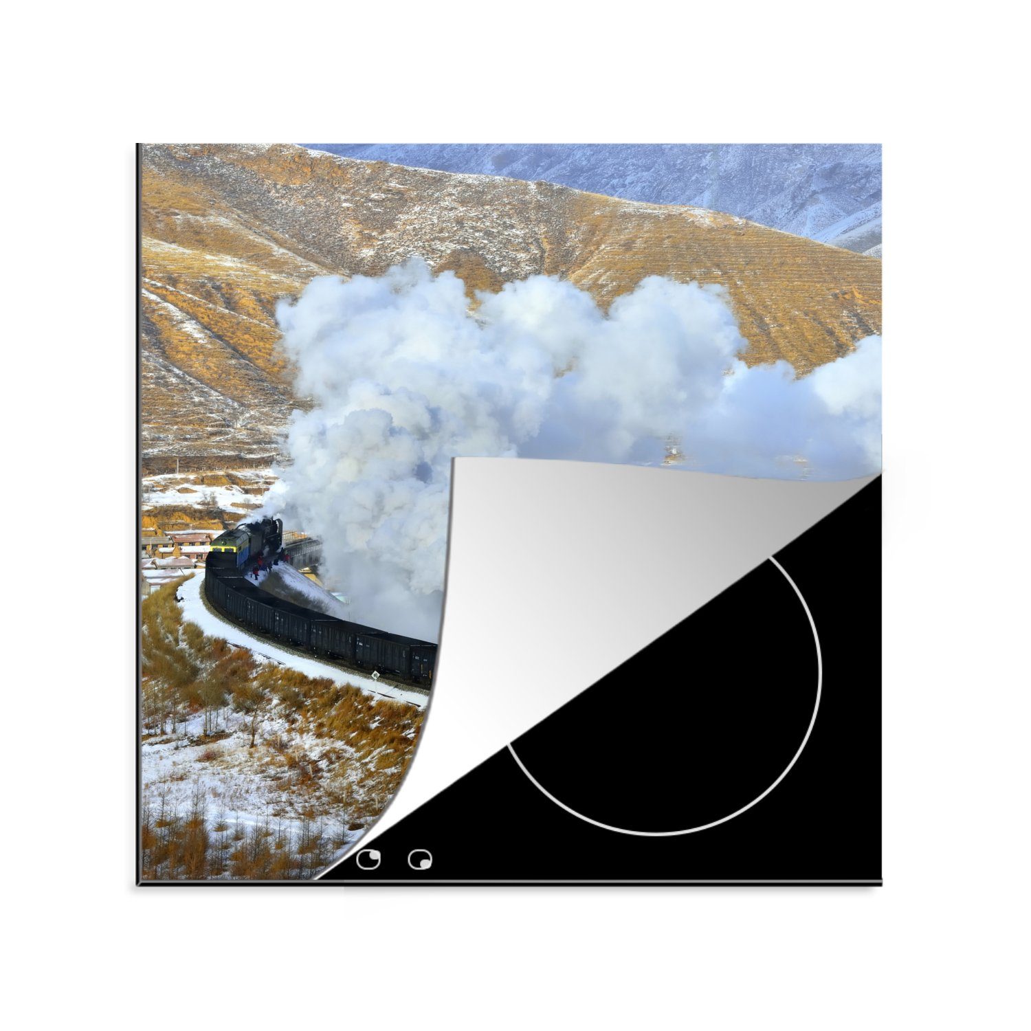 MuchoWow Herdblende-/Abdeckplatte Ein Dampfzug auf einer charakteristischen Brücke, Vinyl, (1 tlg), 78x78 cm, Ceranfeldabdeckung, Arbeitsplatte für küche