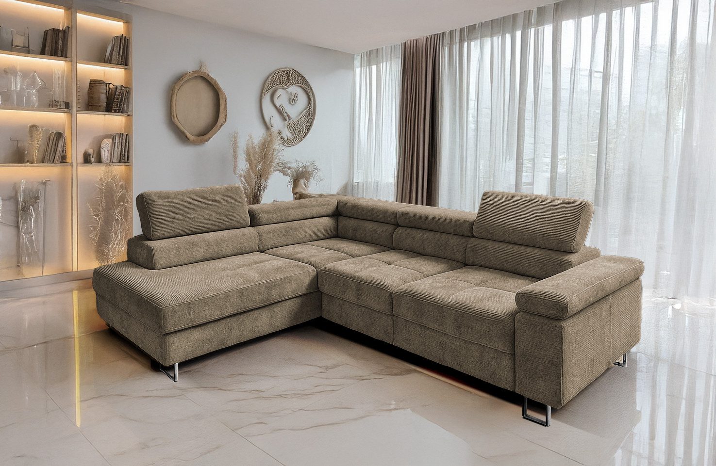 Goldstoff Ecksofa mit Schlaffunktion, Cord Couch günstig online kaufen