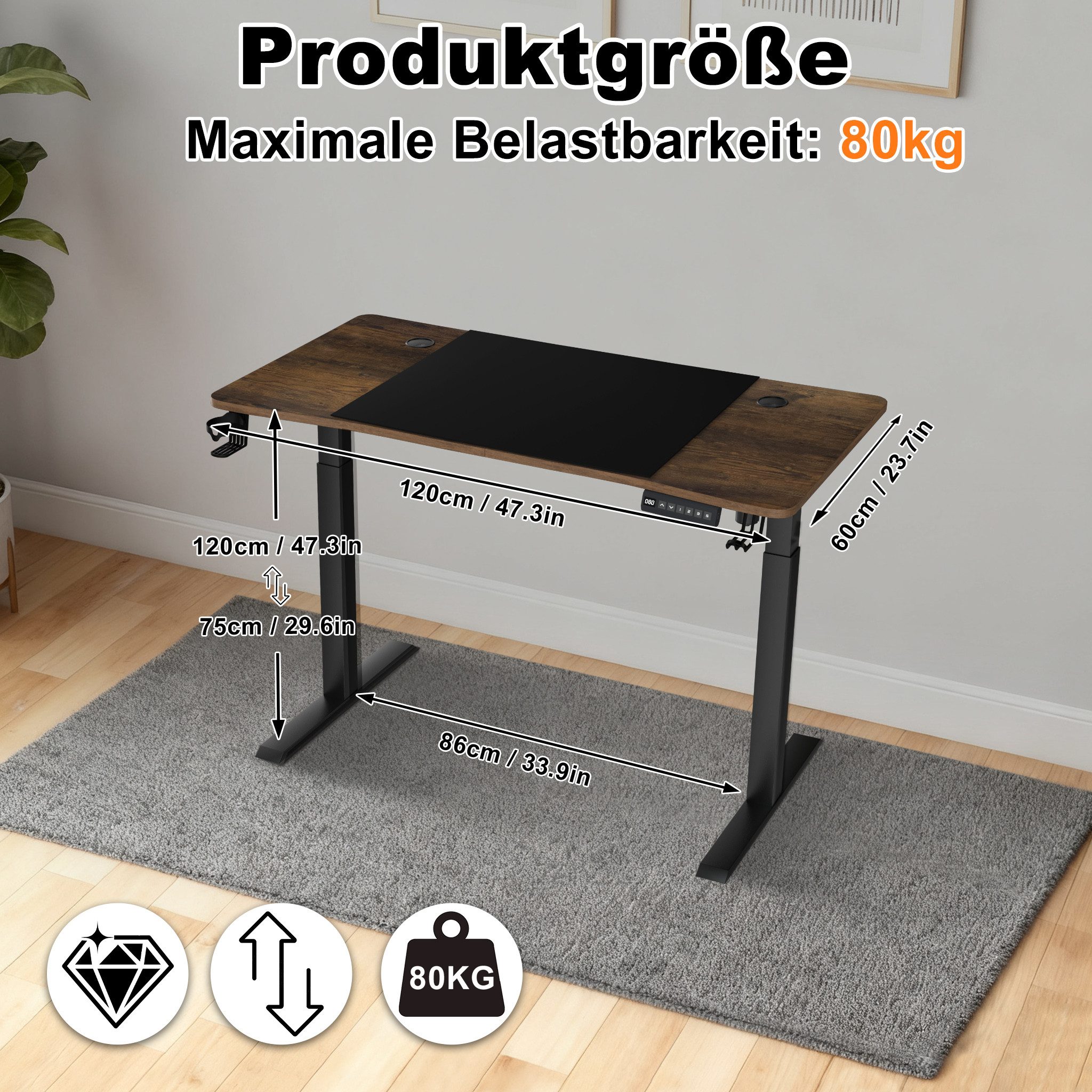 FIVMEN Schreibtisch Höhenverstellbar Stehschreibtisch Computertisch Gaming Tisch, Bürotisch Studien-Laptoptisch mit Tray und Kopfhörerhaken